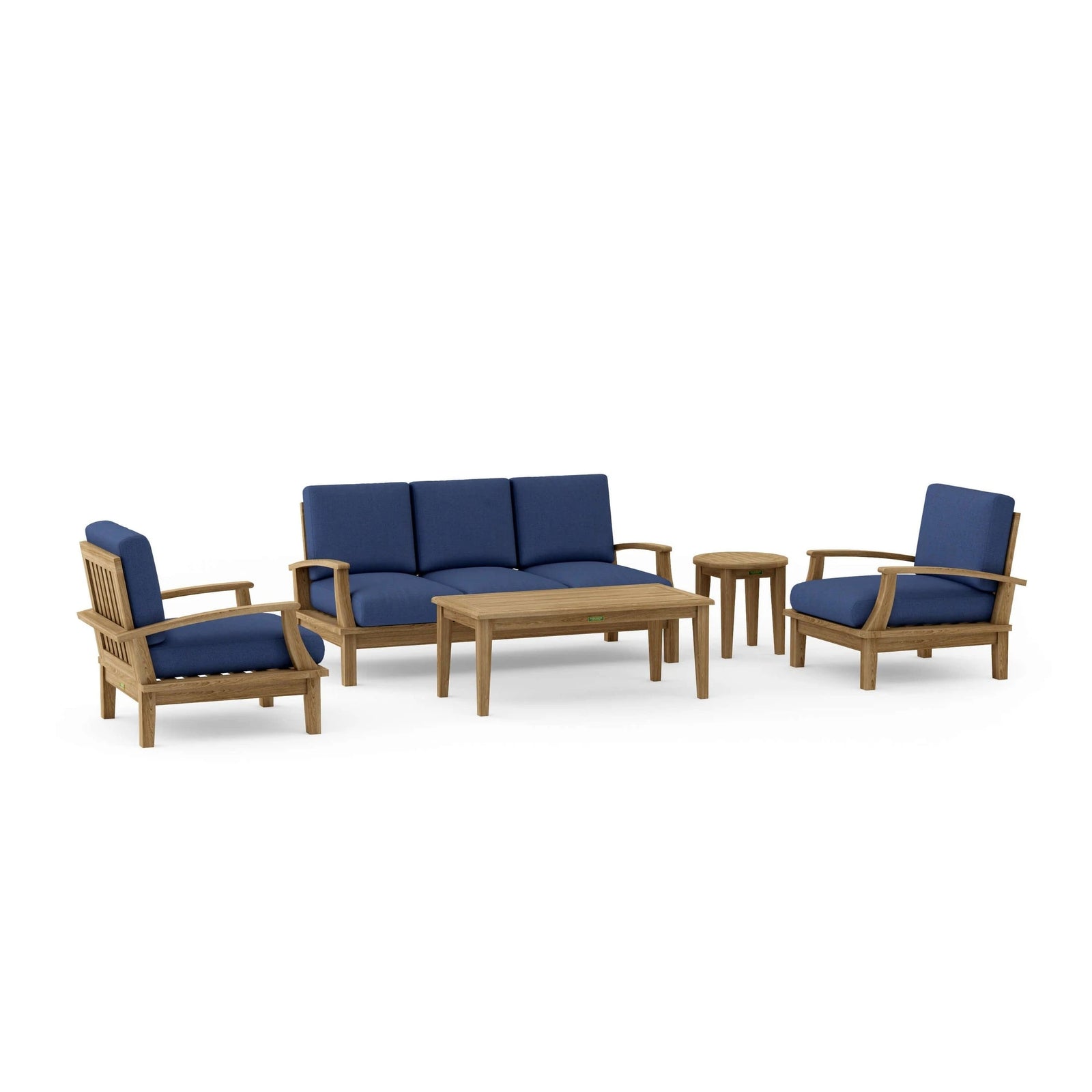 Outdoor furniture set with blue cushions and wooden frames on a white background