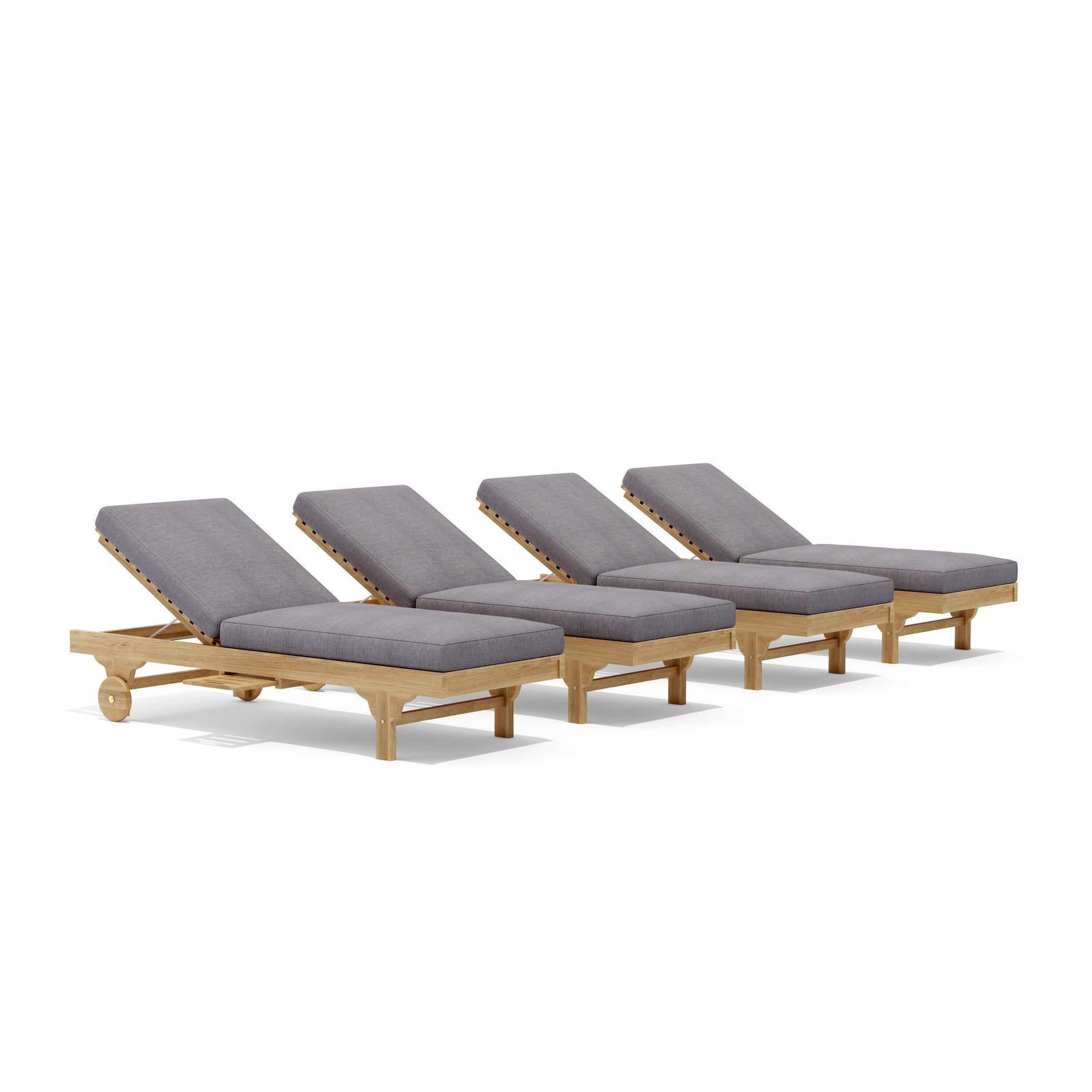 Four wooden lounge chairs with gray cushions on a white background