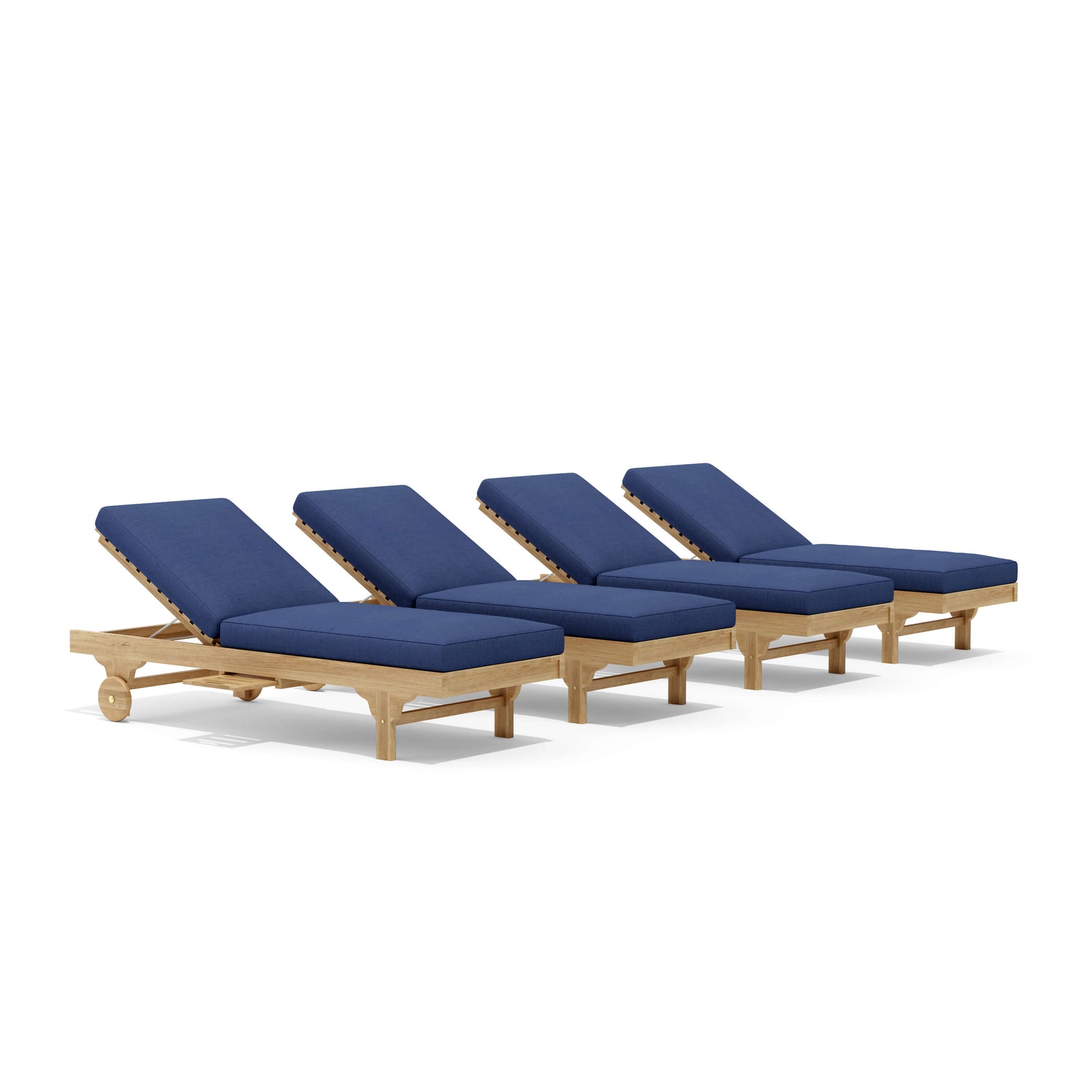 Four wooden lounge chairs with blue cushions on a white background