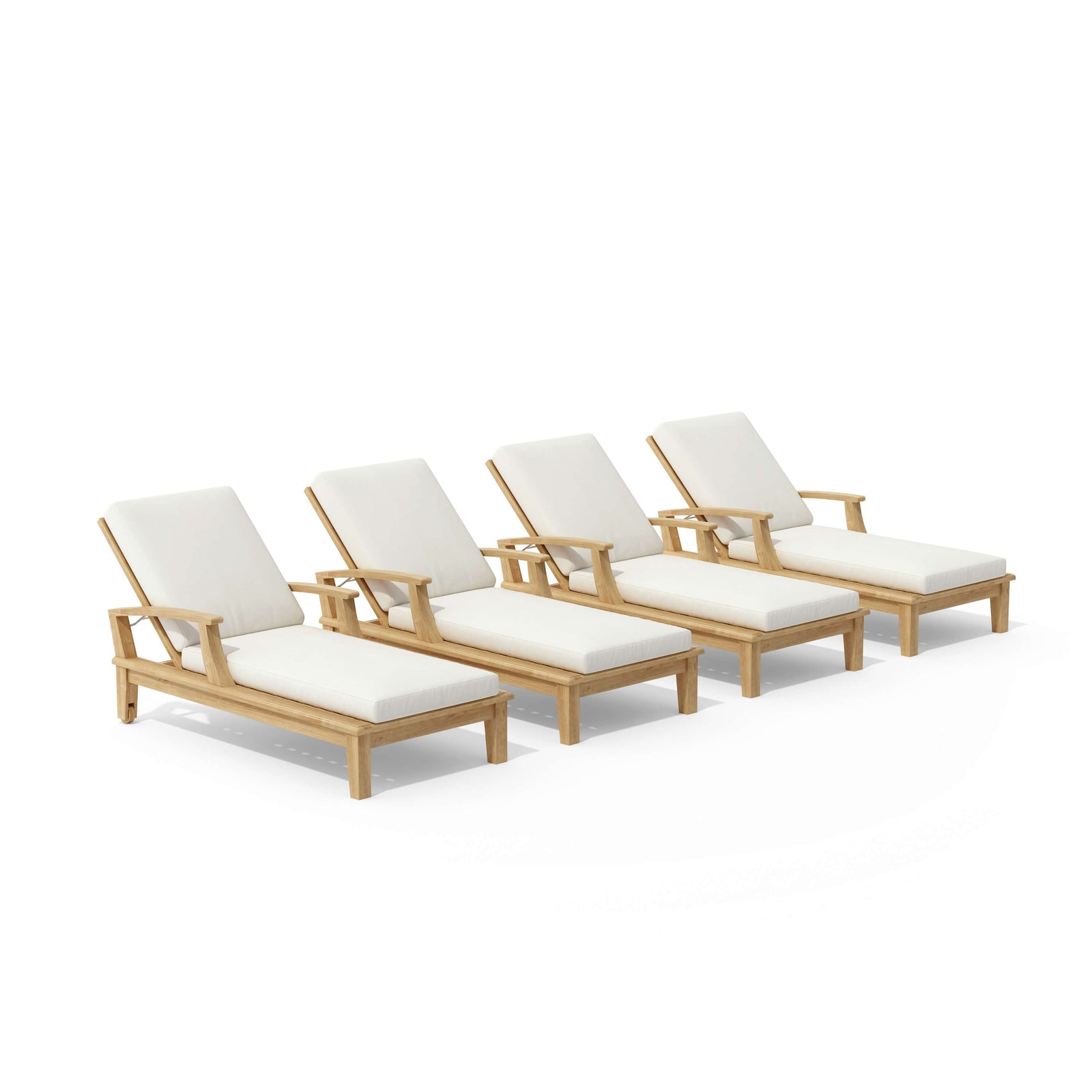 Four wooden lounge chairs with white cushions on a white background