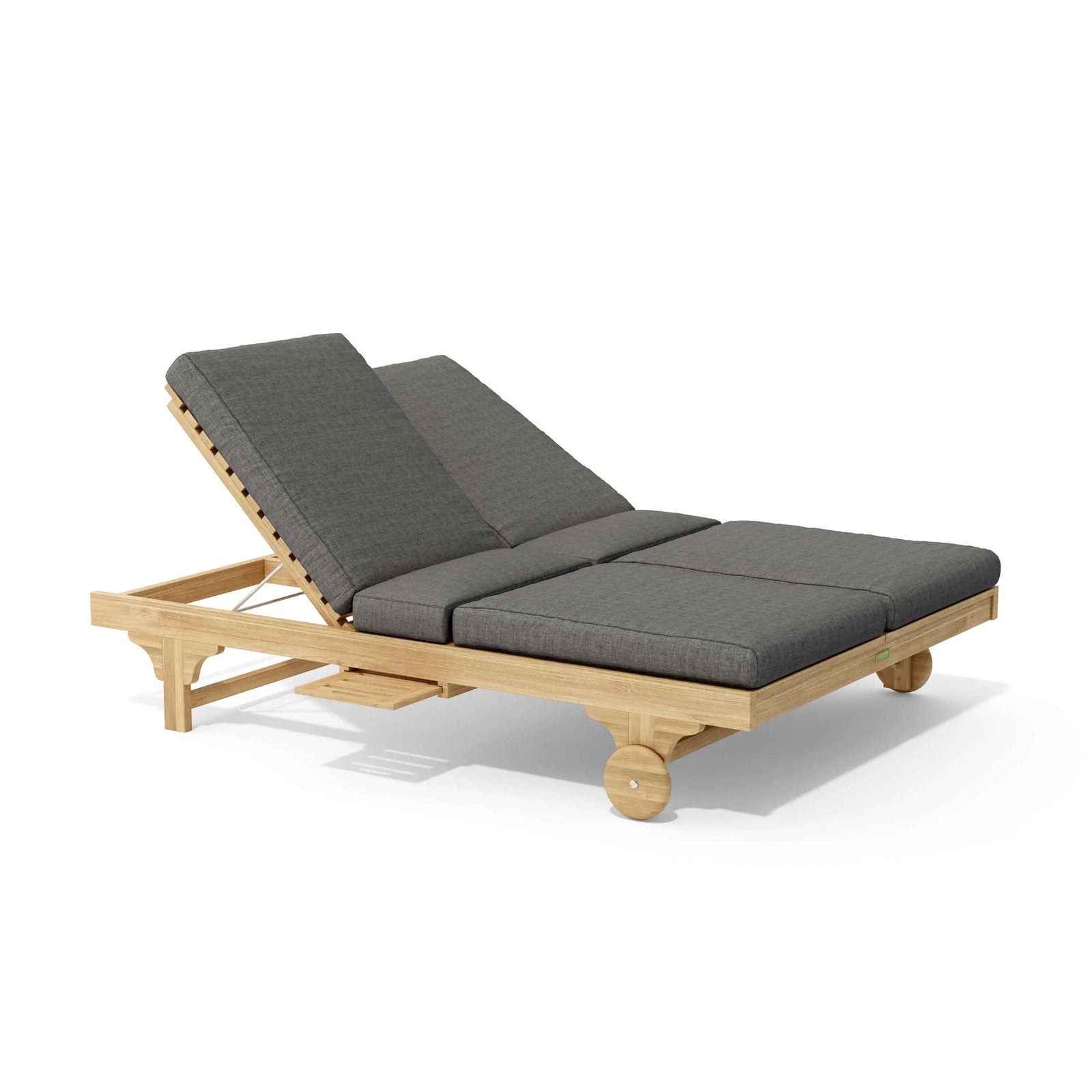 Wooden lounge chair with gray cushions on a white background