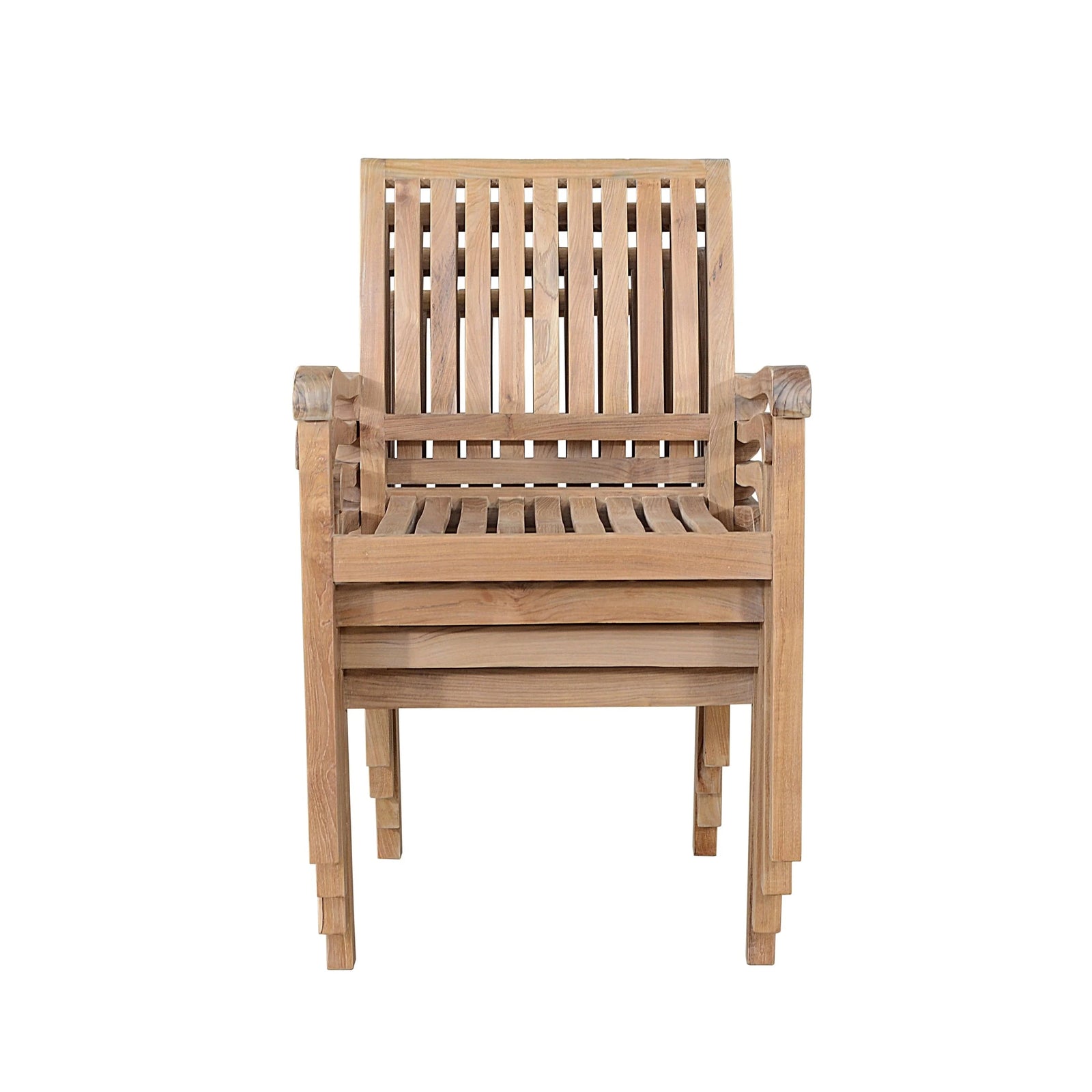 Anderson Teak Aspen Stackable Armchair Set of 4 - side angle showing teak slat back design