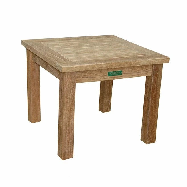 Wooden square table with a visible brand label on a white background