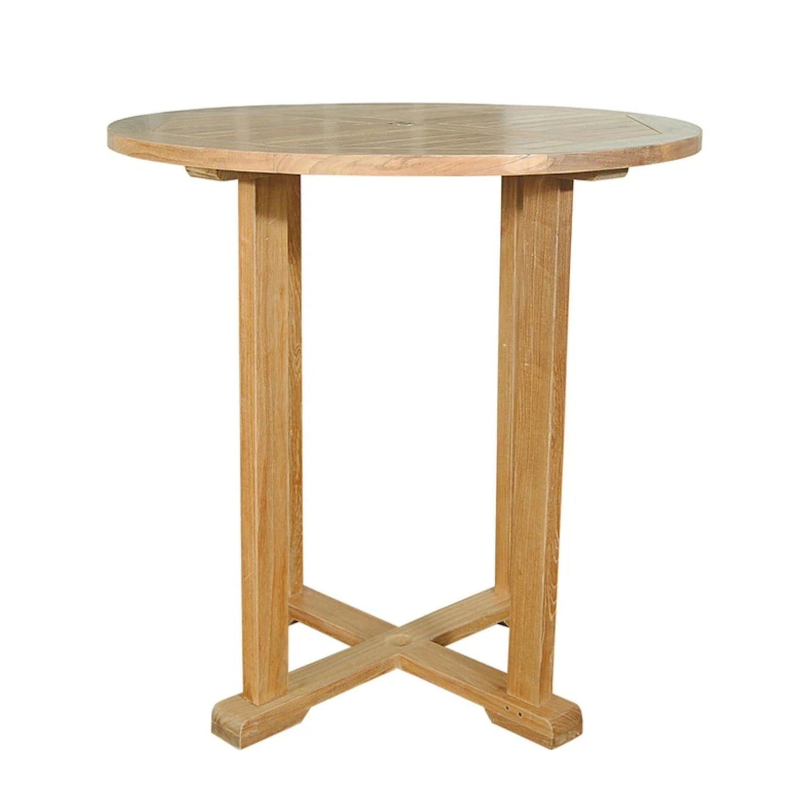 Wooden table with a round top and four legs on a white background