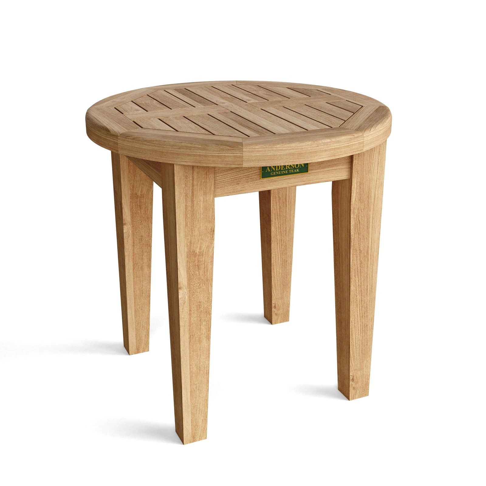 Wooden side table with a brand label on a white background