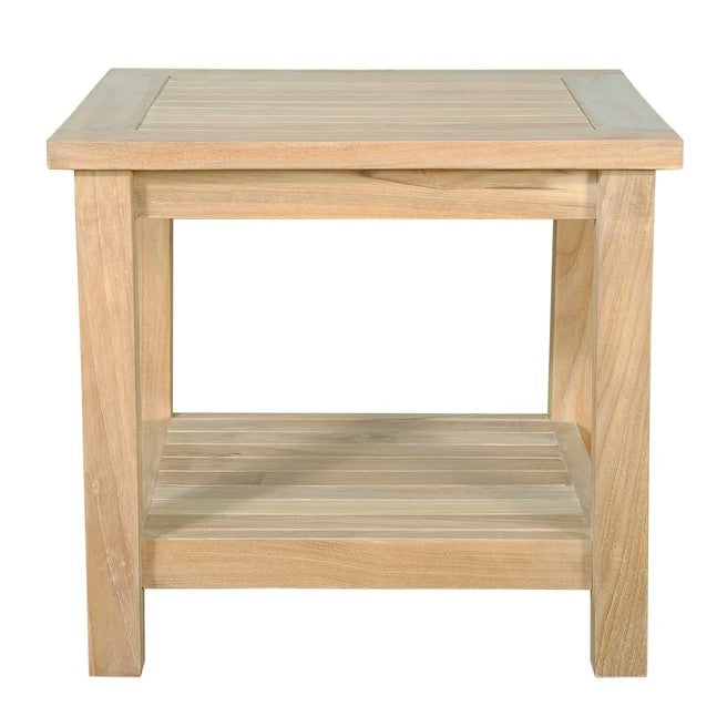 Wooden side table with a light finish on a white background