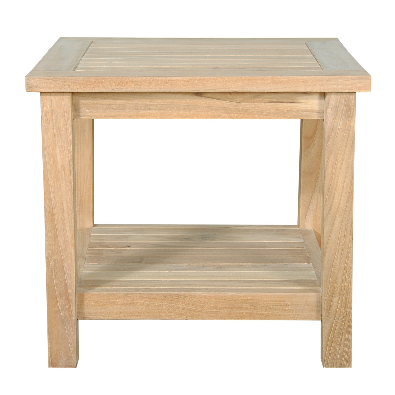 Wooden side table with a slatted design on a white background