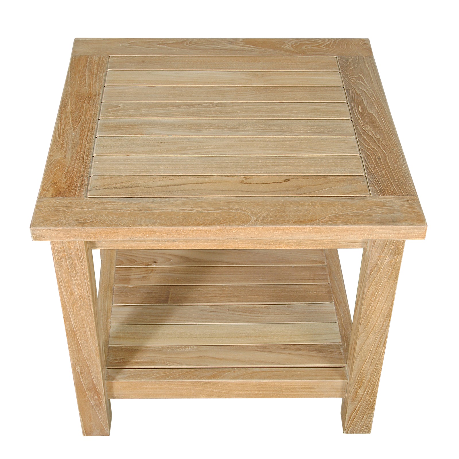 Wooden side table with a slatted design on a white background