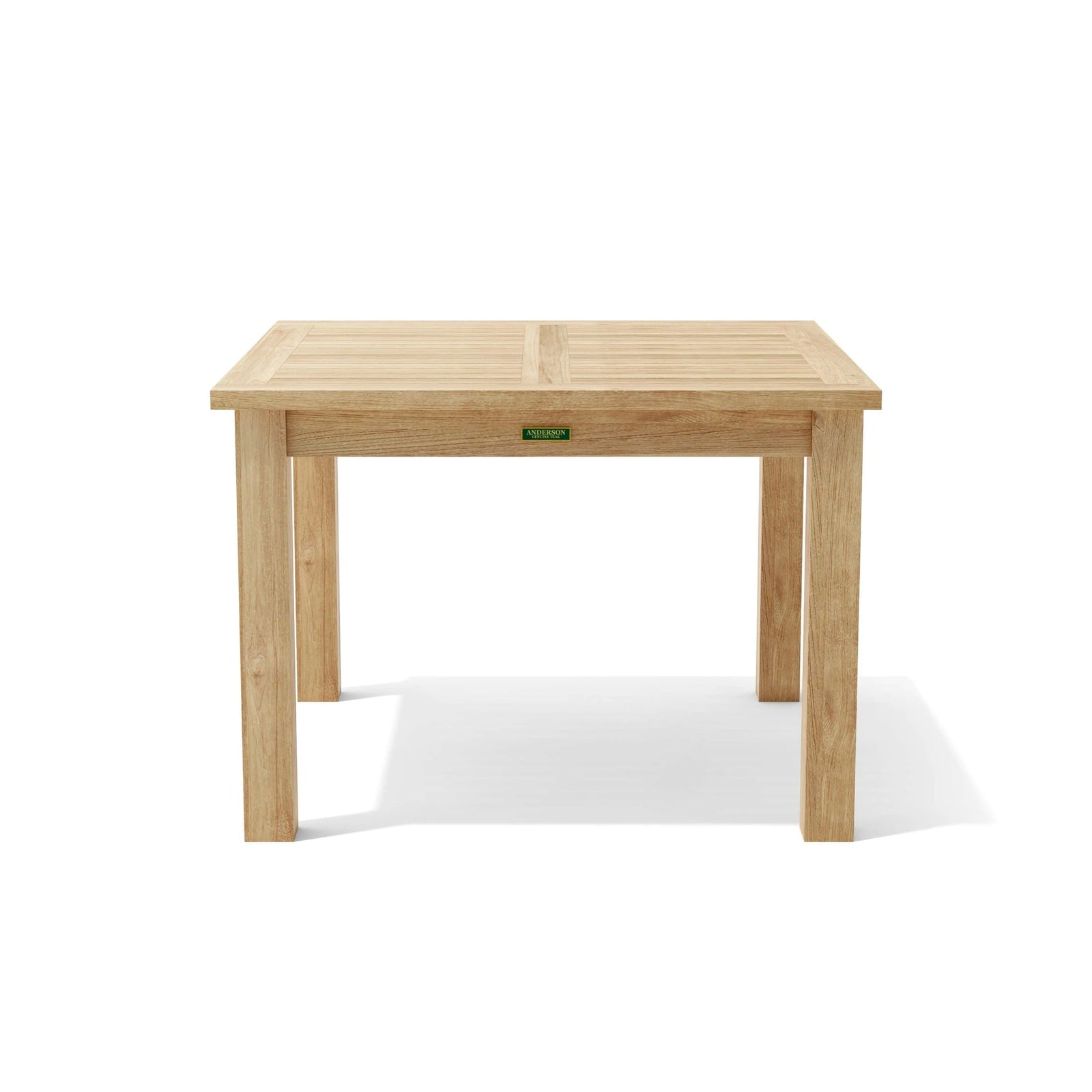 Wooden table with a visible brand logo on a white background