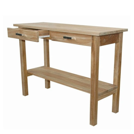 Wooden table with two drawers on a white background