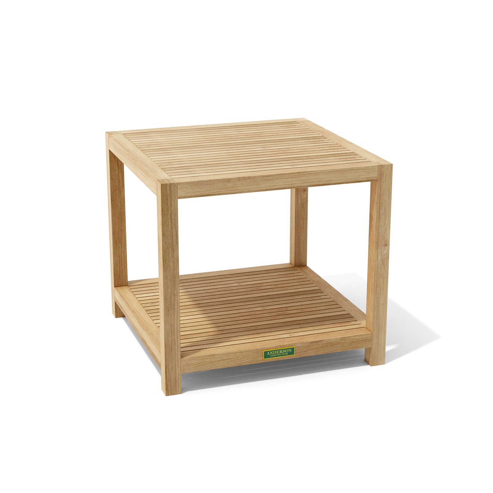 Wooden side table with a visible brand label on a white background