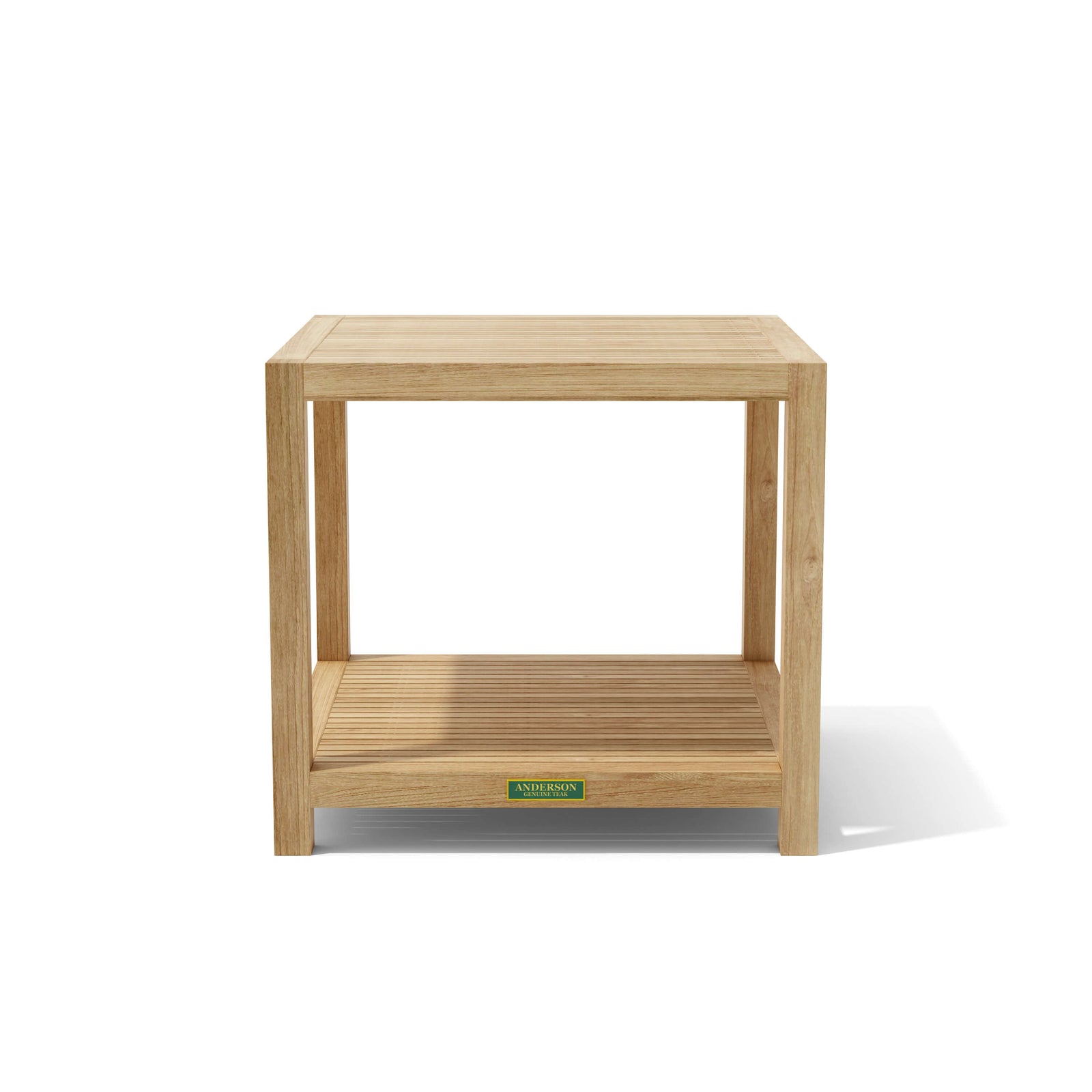 Wooden side table with a brand label on a white background