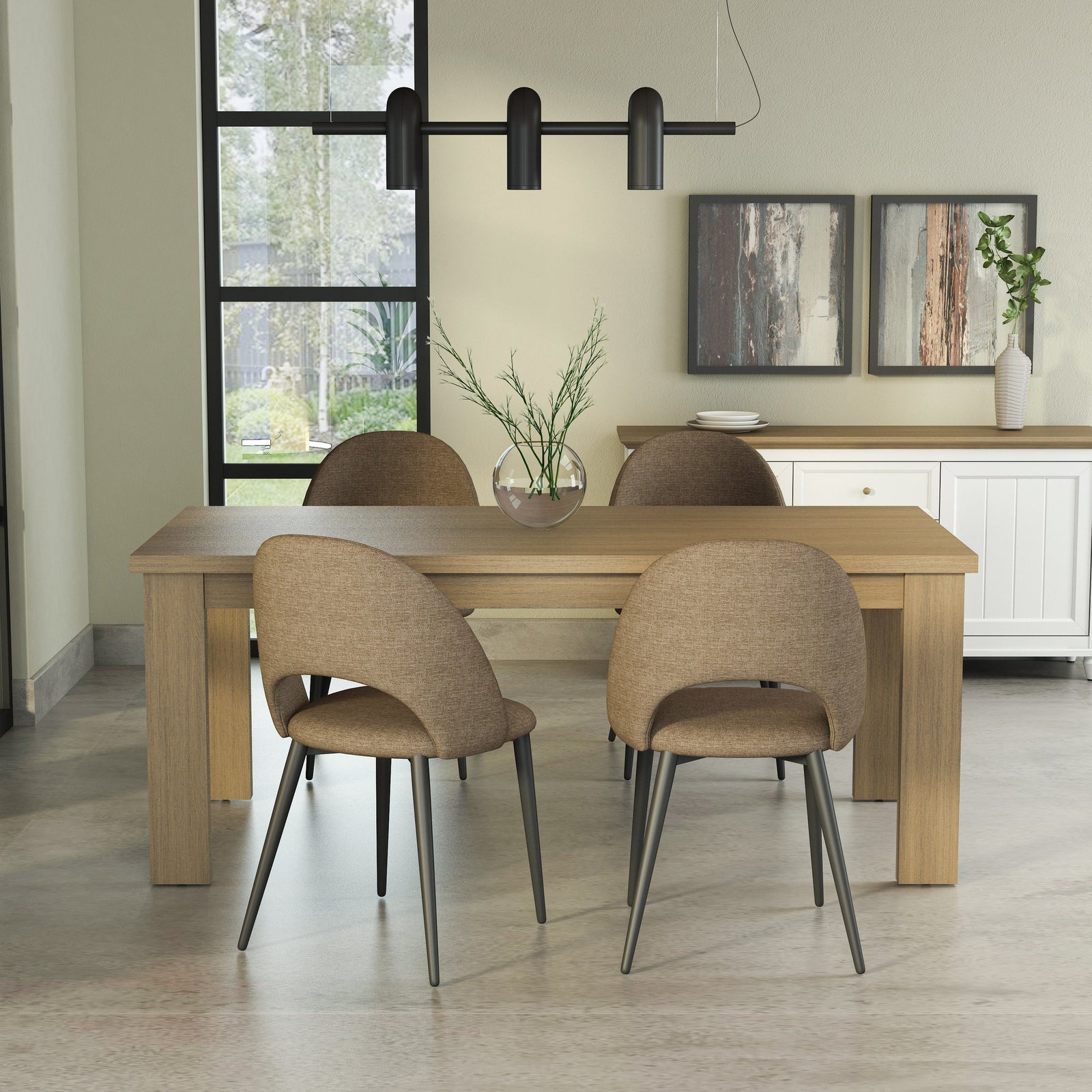 Dining room with wooden table and chairs in a modern interior setting.