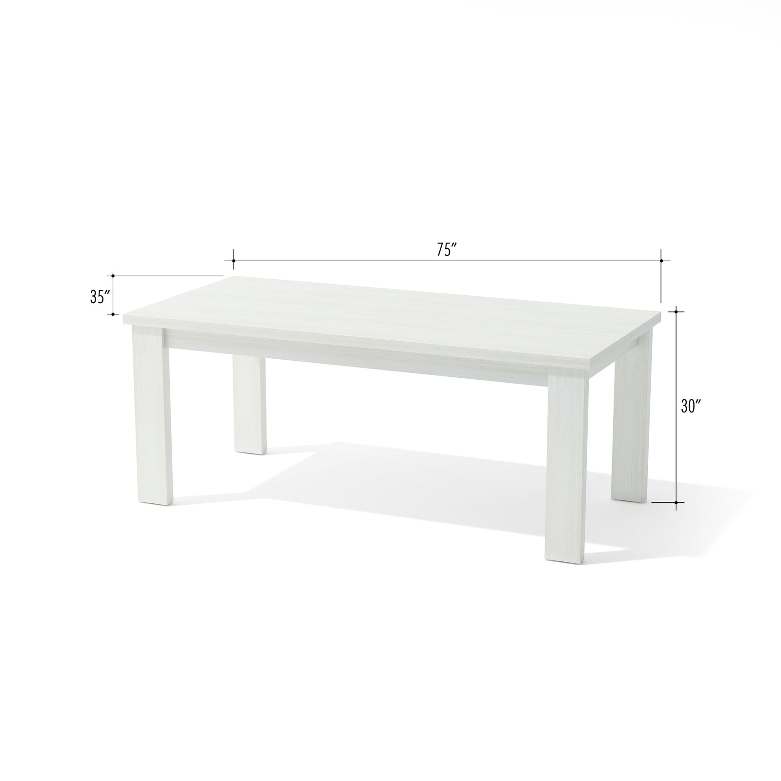White coffee table with dimensions labeled on a white background