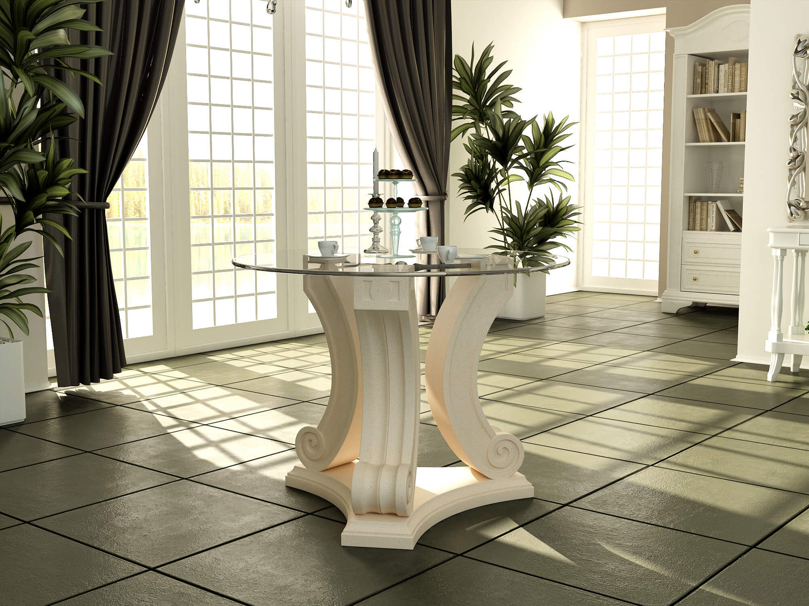 Decorative table in a stylish room with large windows and plants.