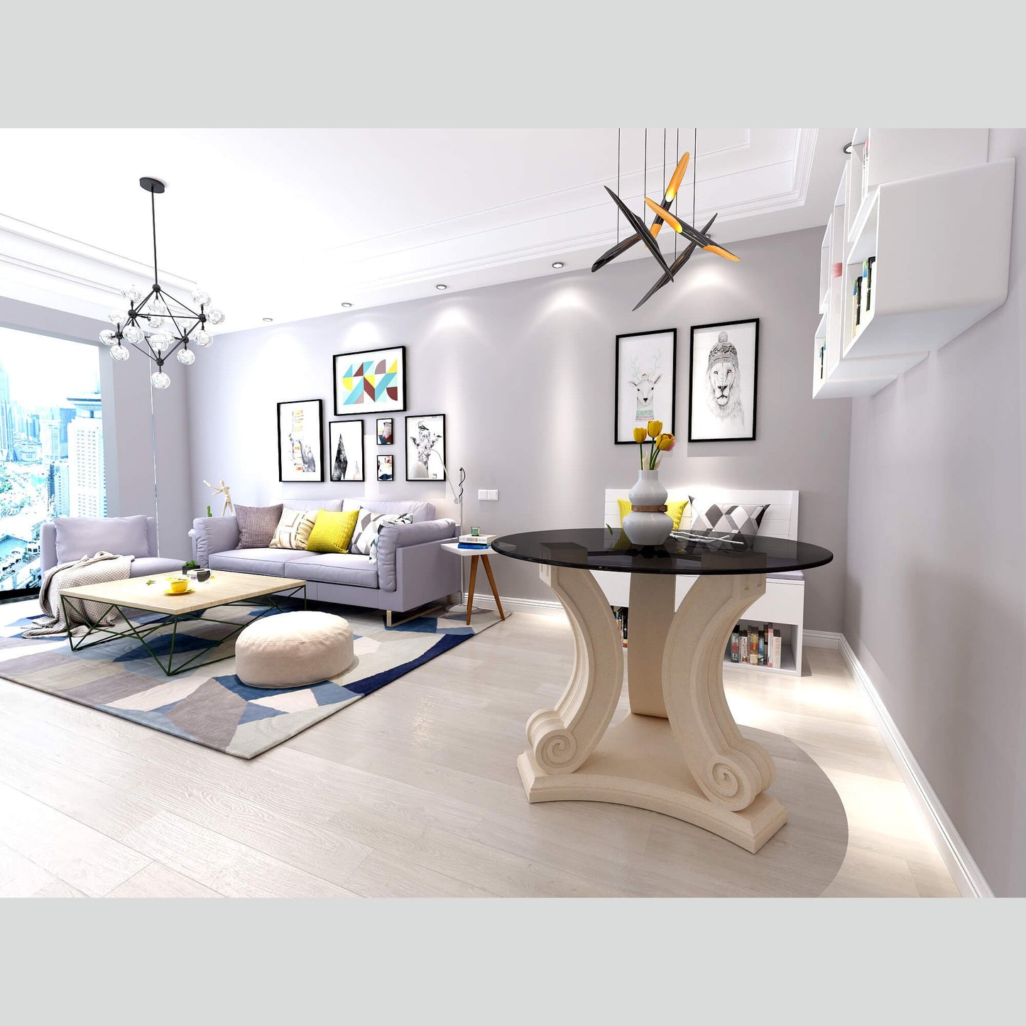 Modern living room with a round table, gray sofa, and decorative elements.