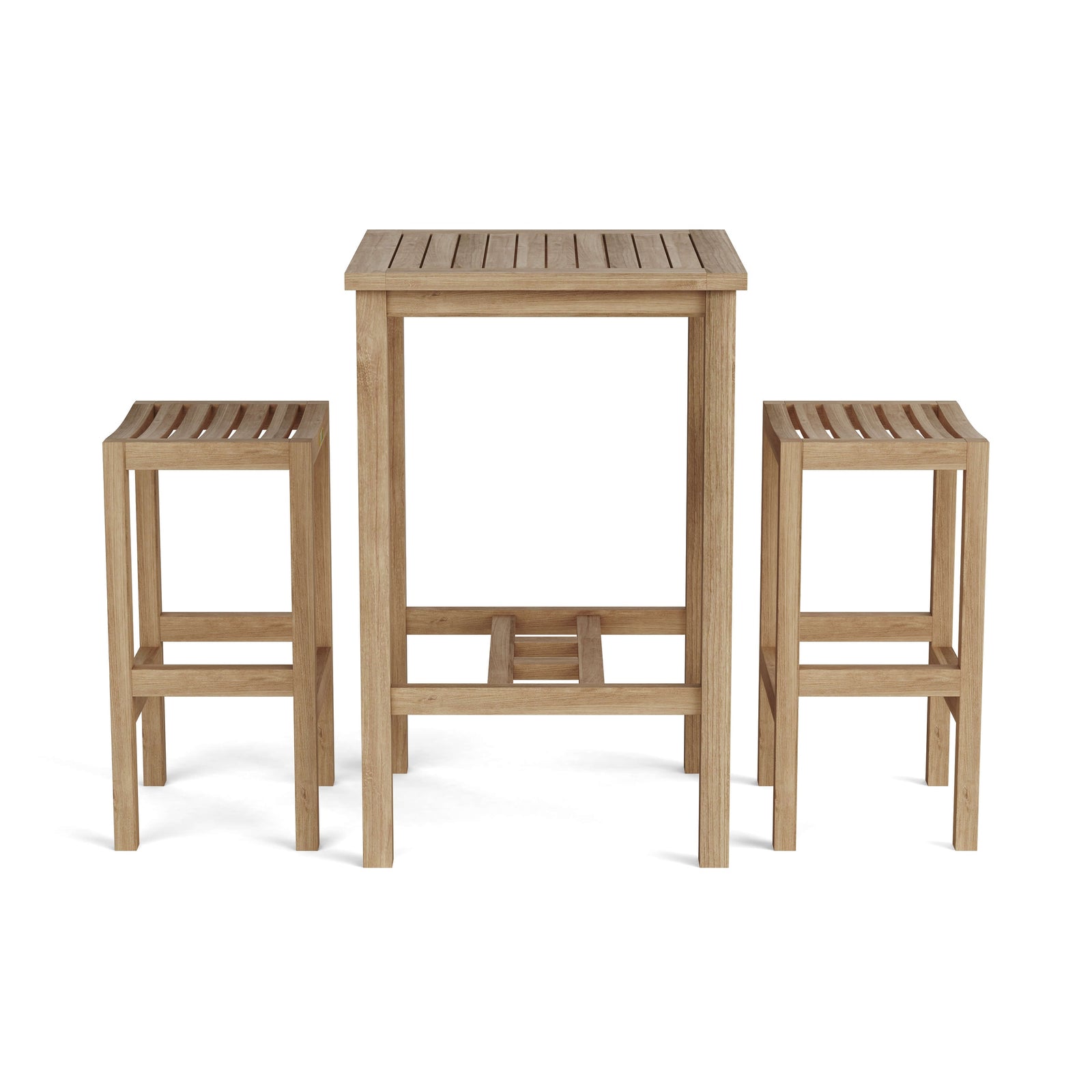 Wooden table and two stools on a white background