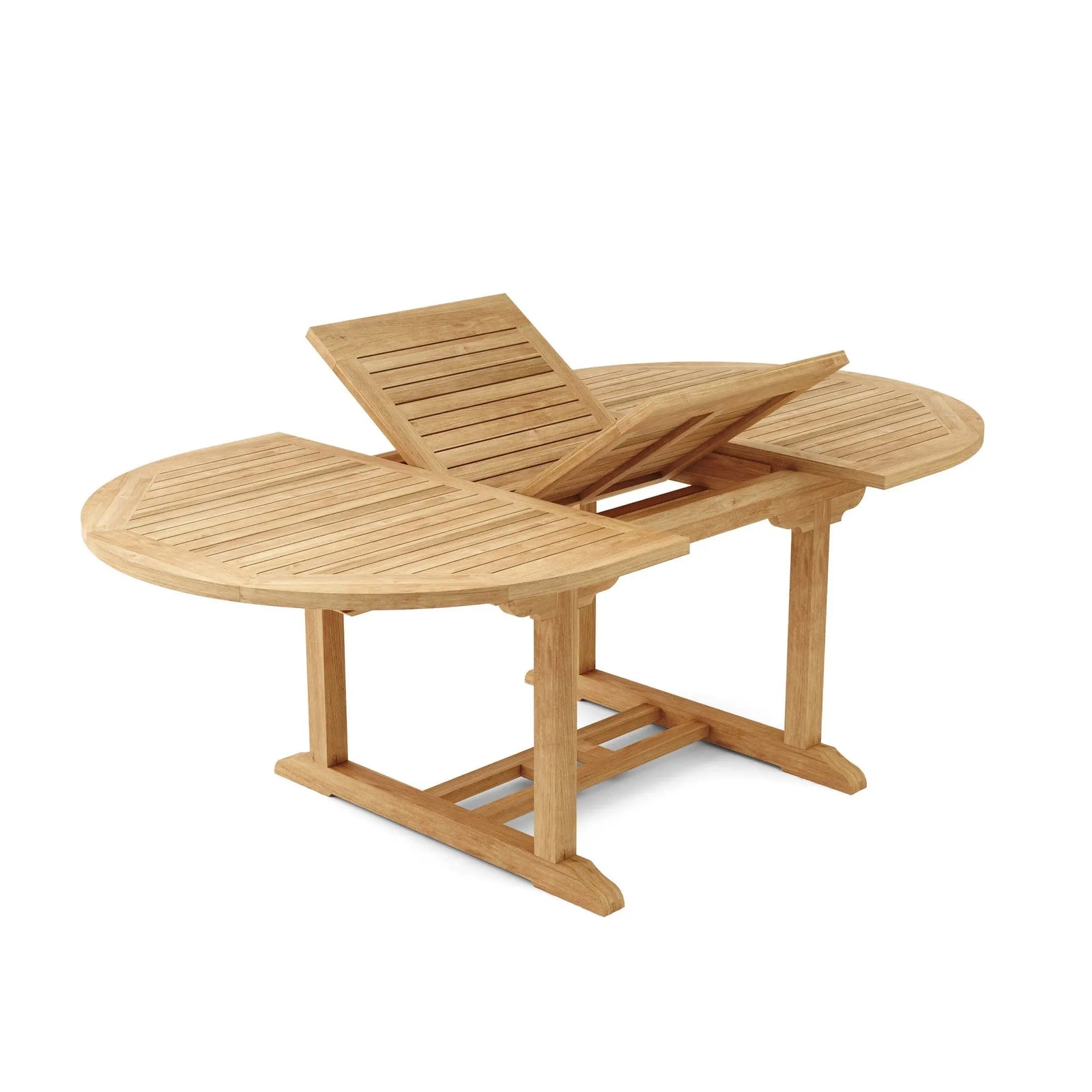 Wooden outdoor table with extendable leaves on a white background