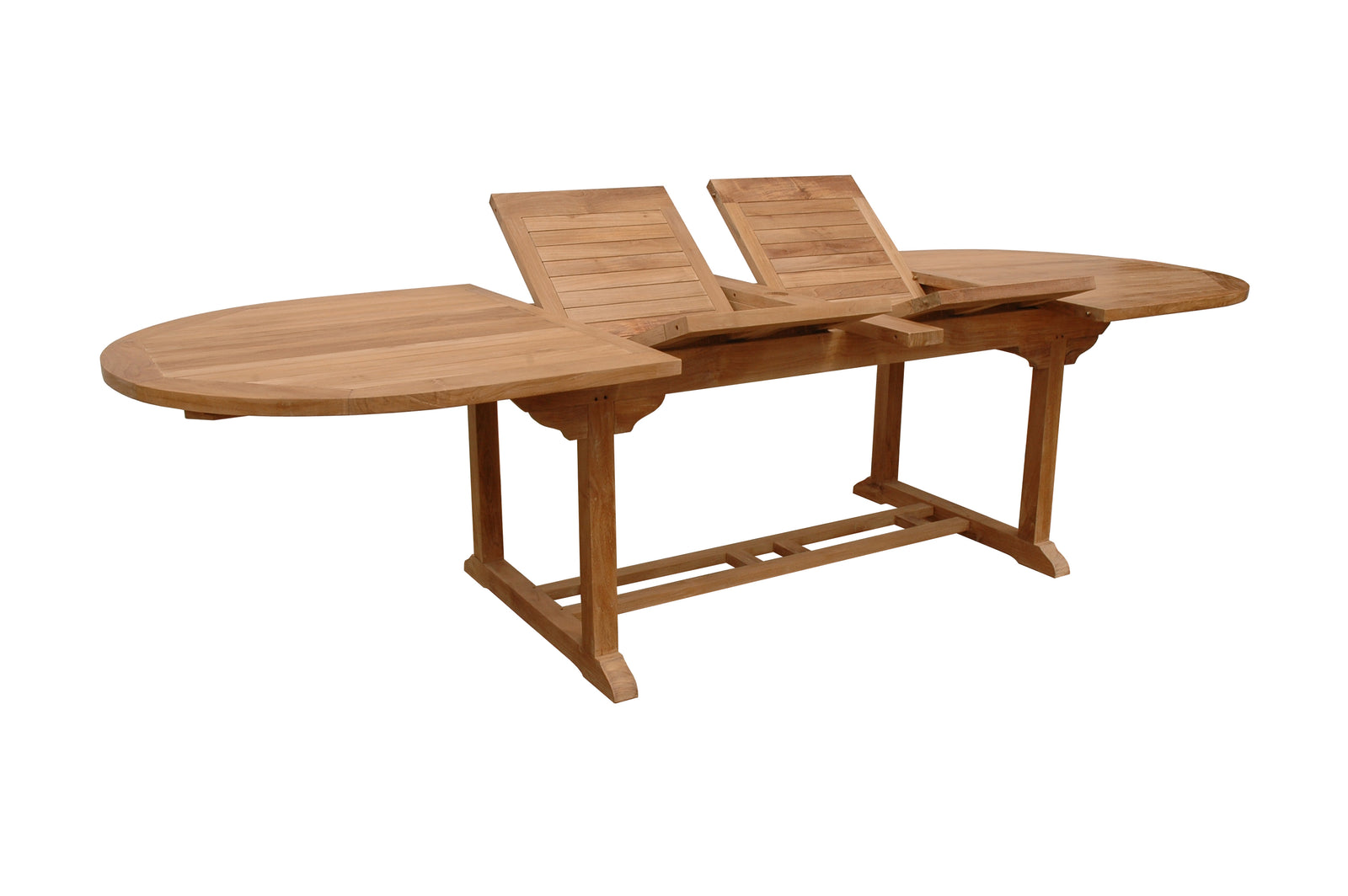 Wooden outdoor table with two extendable leafs on a white background