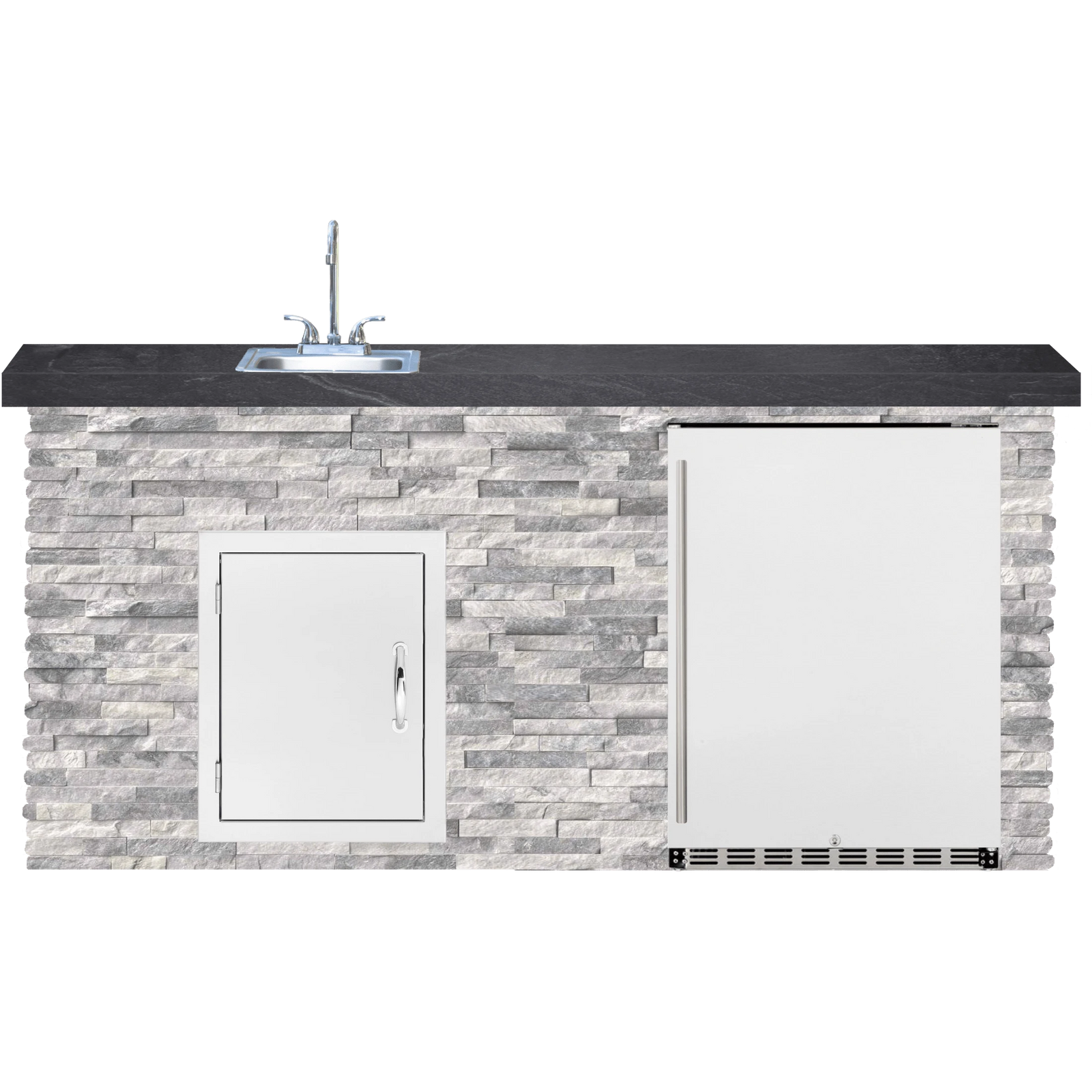 BetterPatio Mountain Series TrueFlame 6 Ft Bar Island Fridge Sink - Alaskan Gray Black countertop