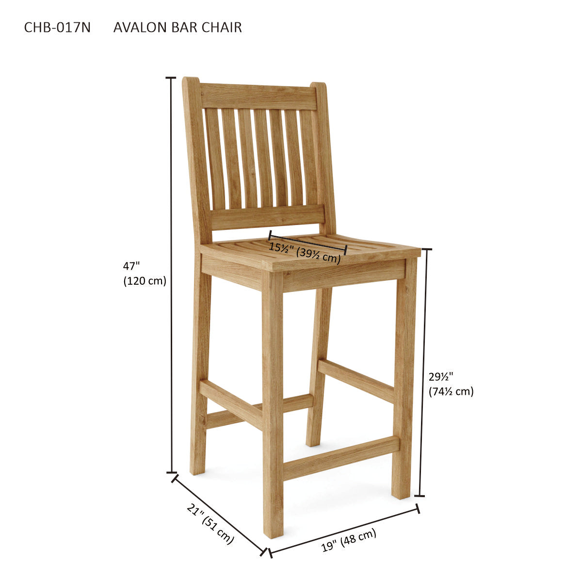Wooden bar chair with dimensions on a white background