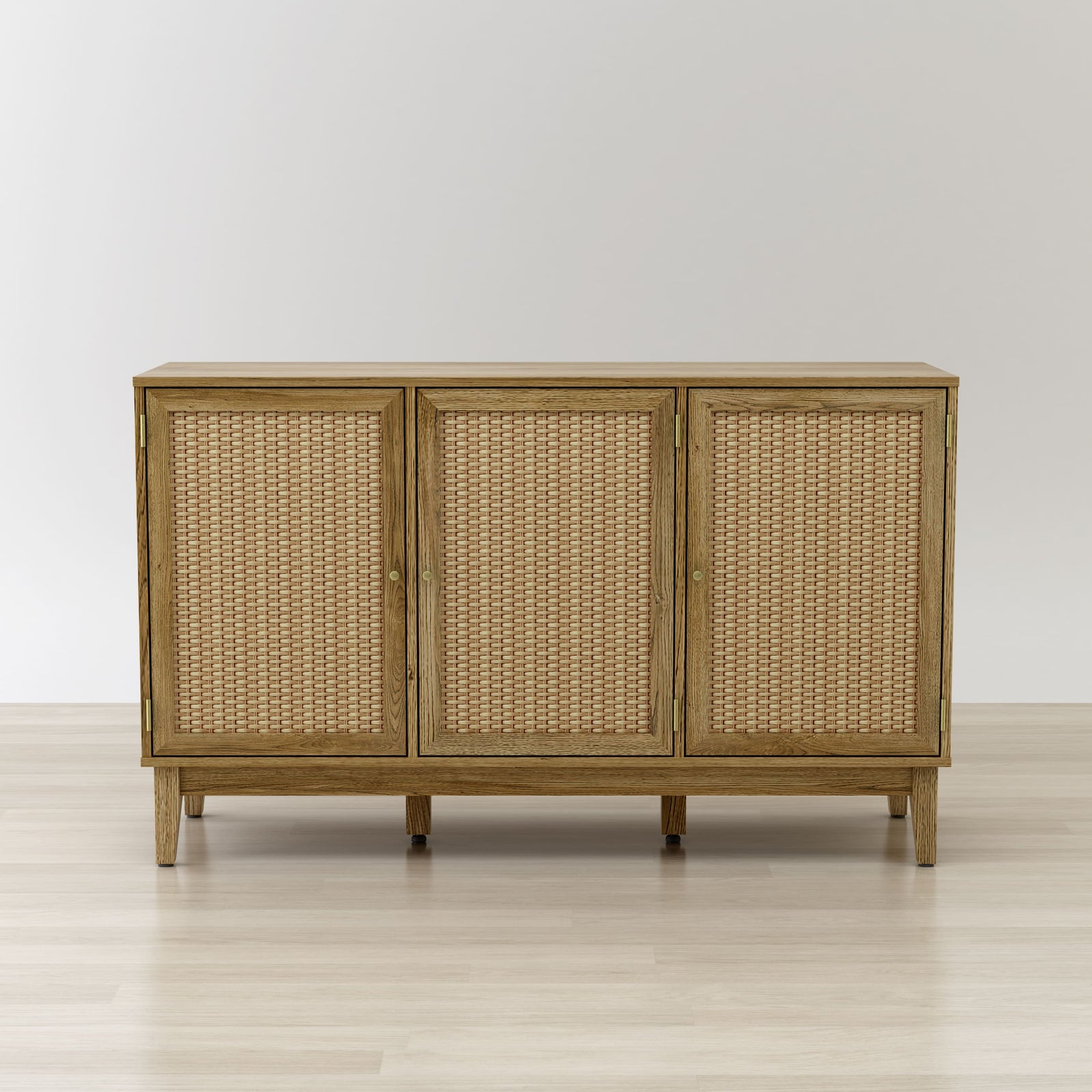 Wooden cabinet with woven doors on a white background