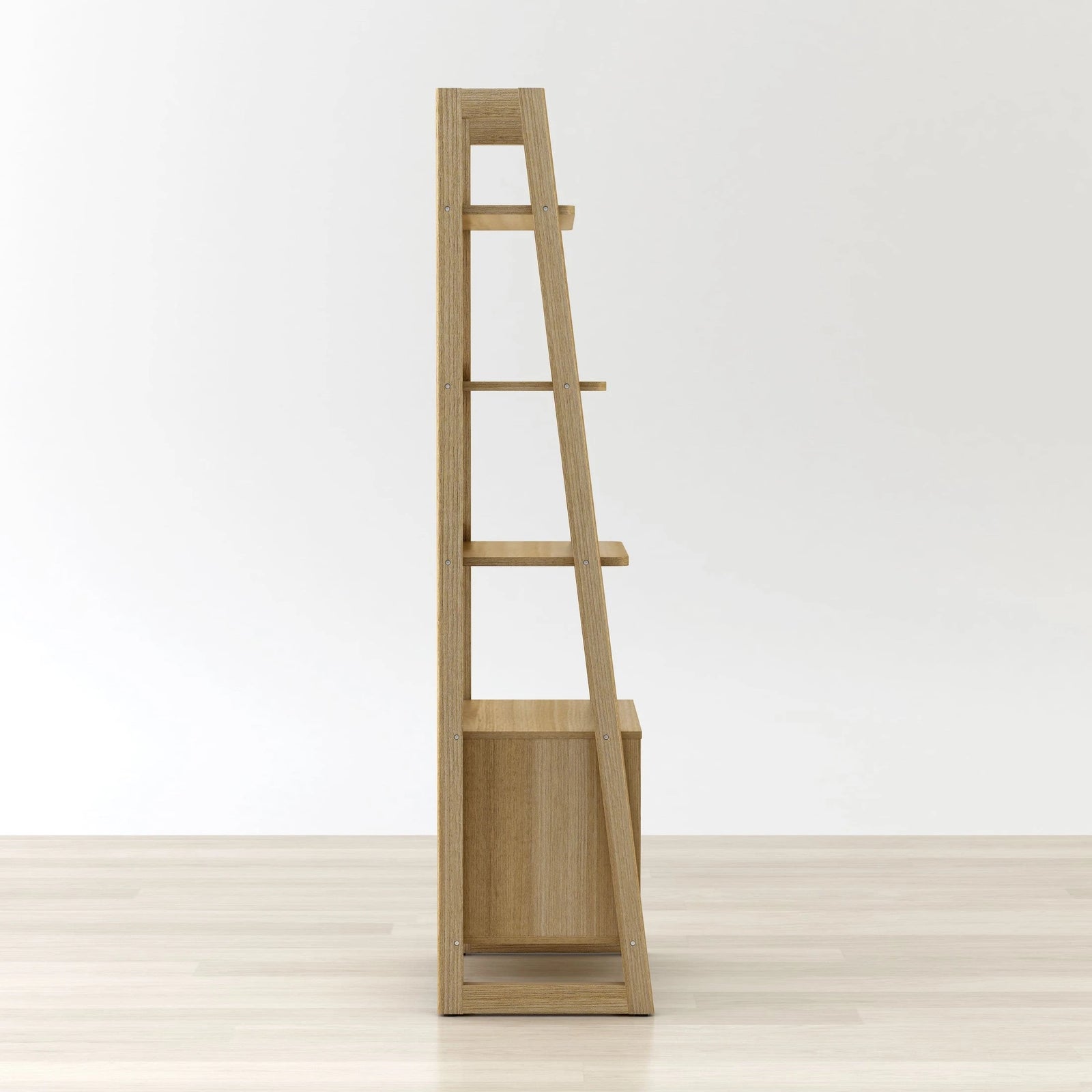 Wooden bookshelf with a minimalist design on a white background
