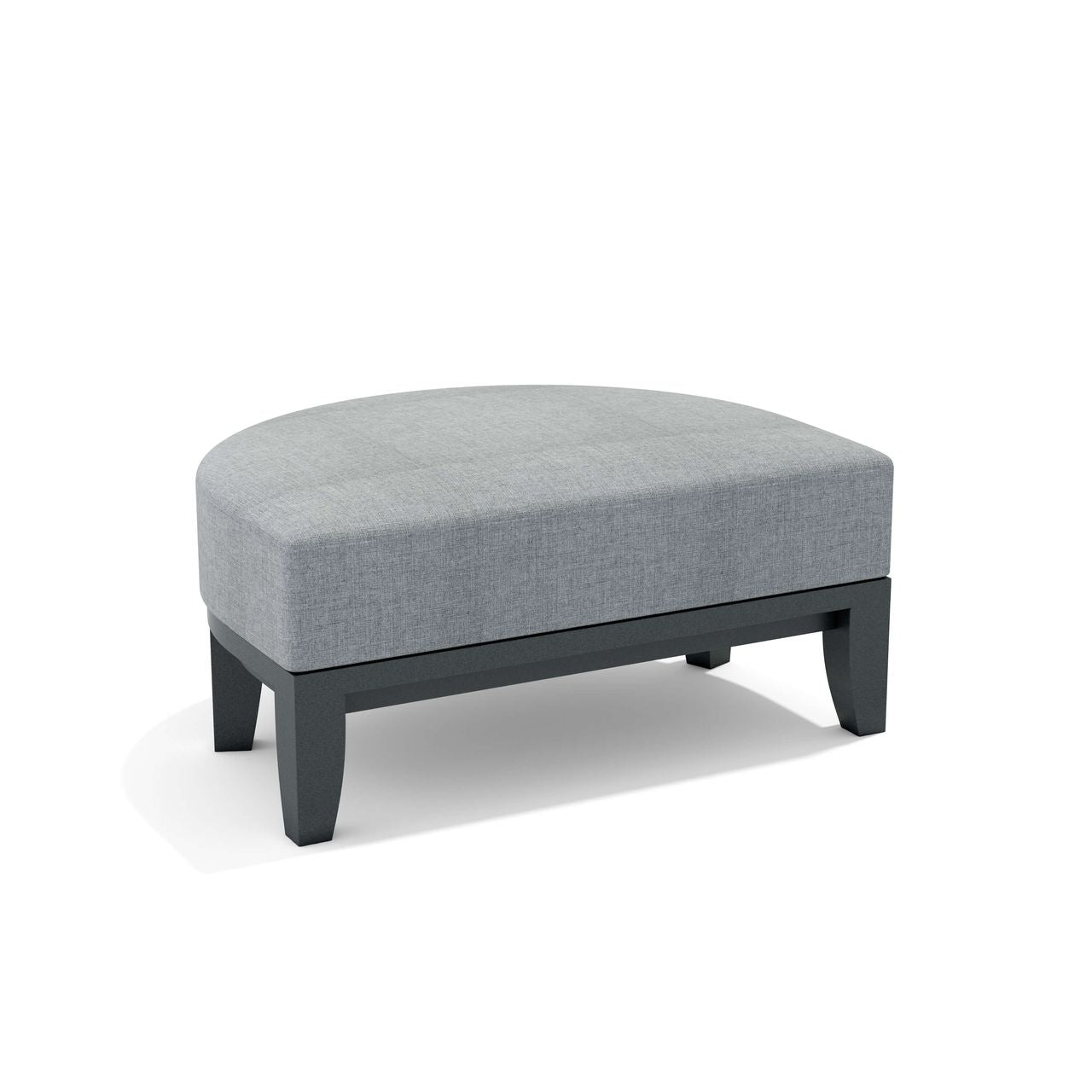 Gray upholstered ottoman with dark wooden legs on a white background