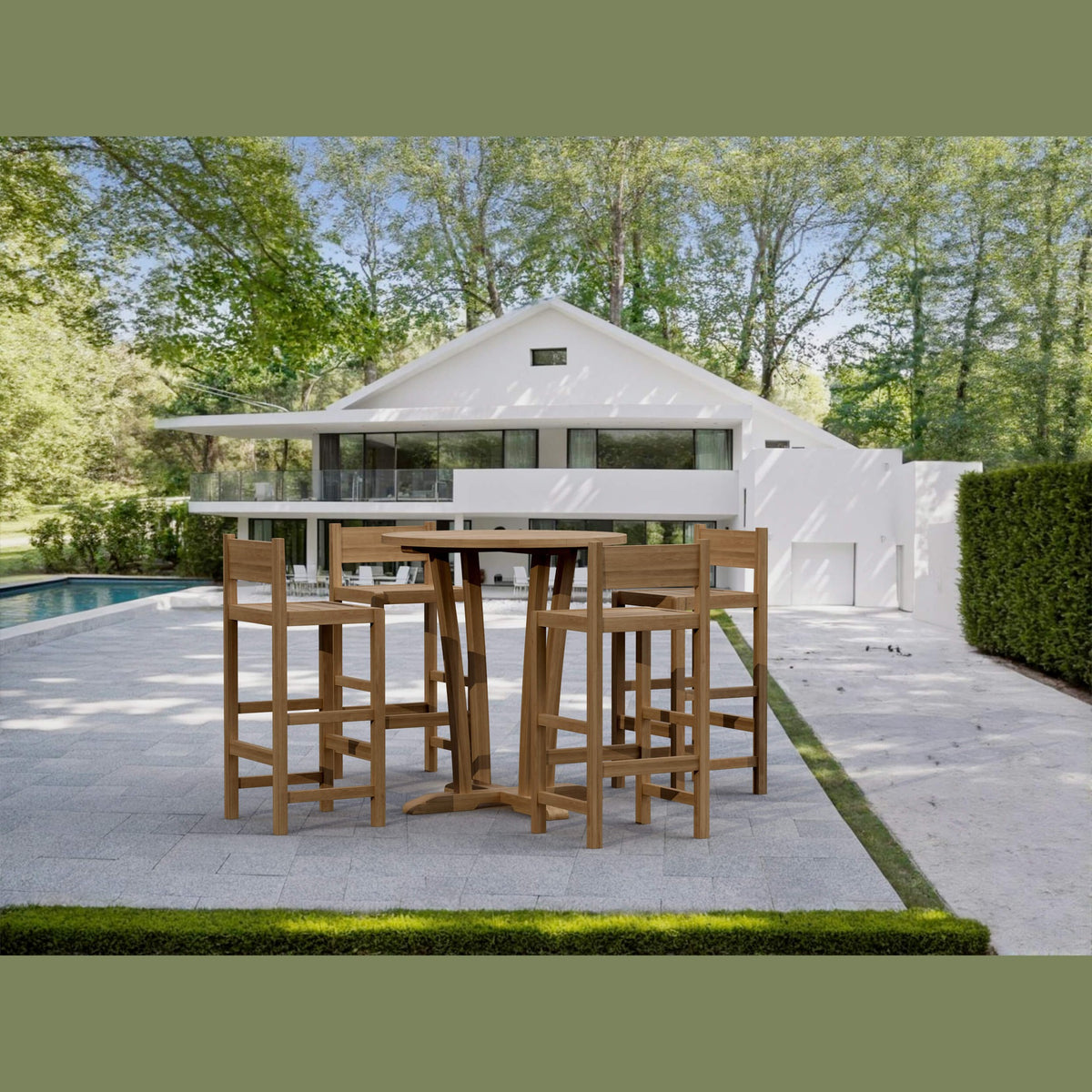 Outdoor patio set with wooden table and chairs on a patio area with a pool and house in the background.