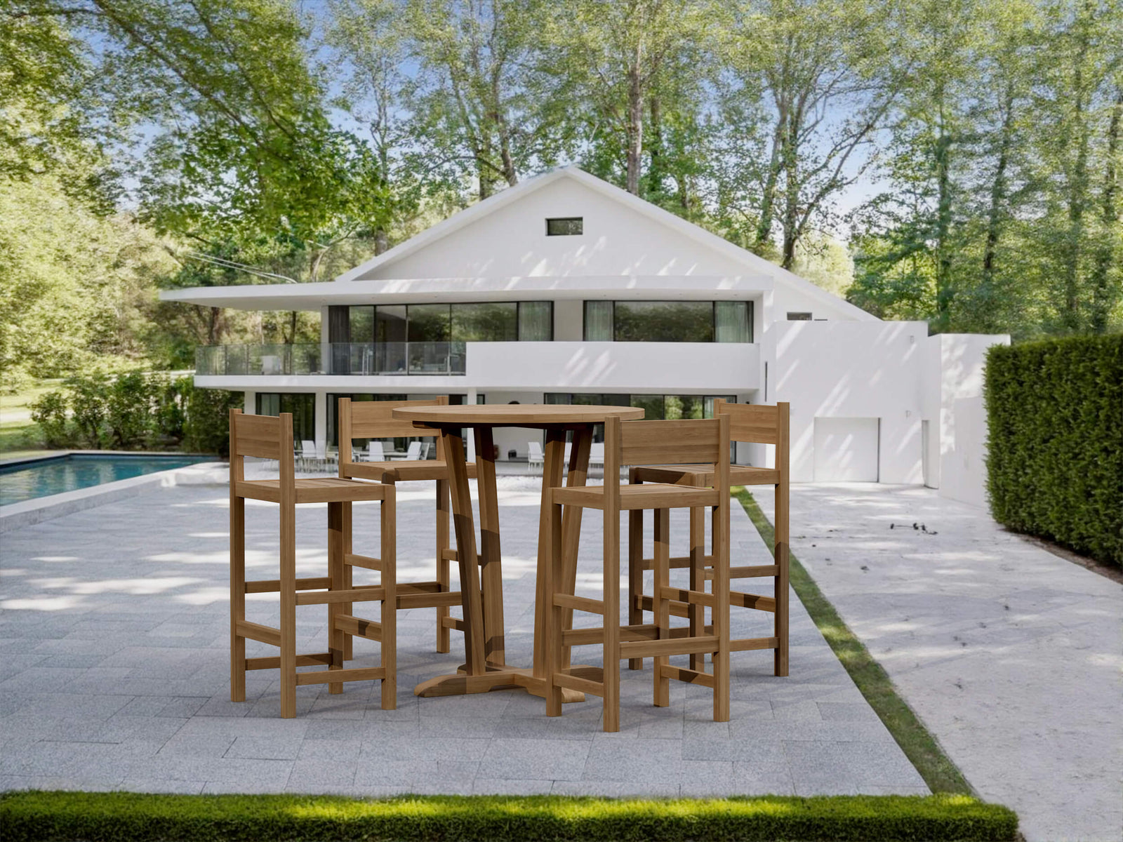 Outdoor patio set with wooden table and chairs on a patio area with a pool and house in the background.