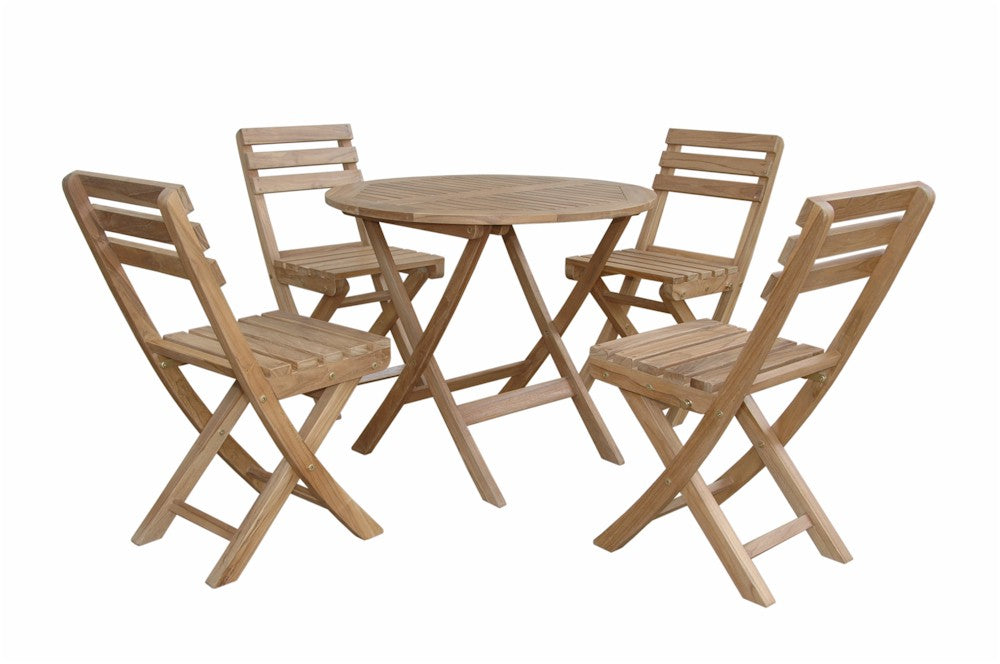 Wooden outdoor table with four matching chairs on a white background