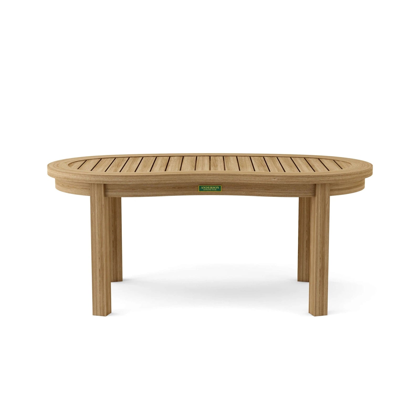 Wooden outdoor table with a visible brand logo on a white background