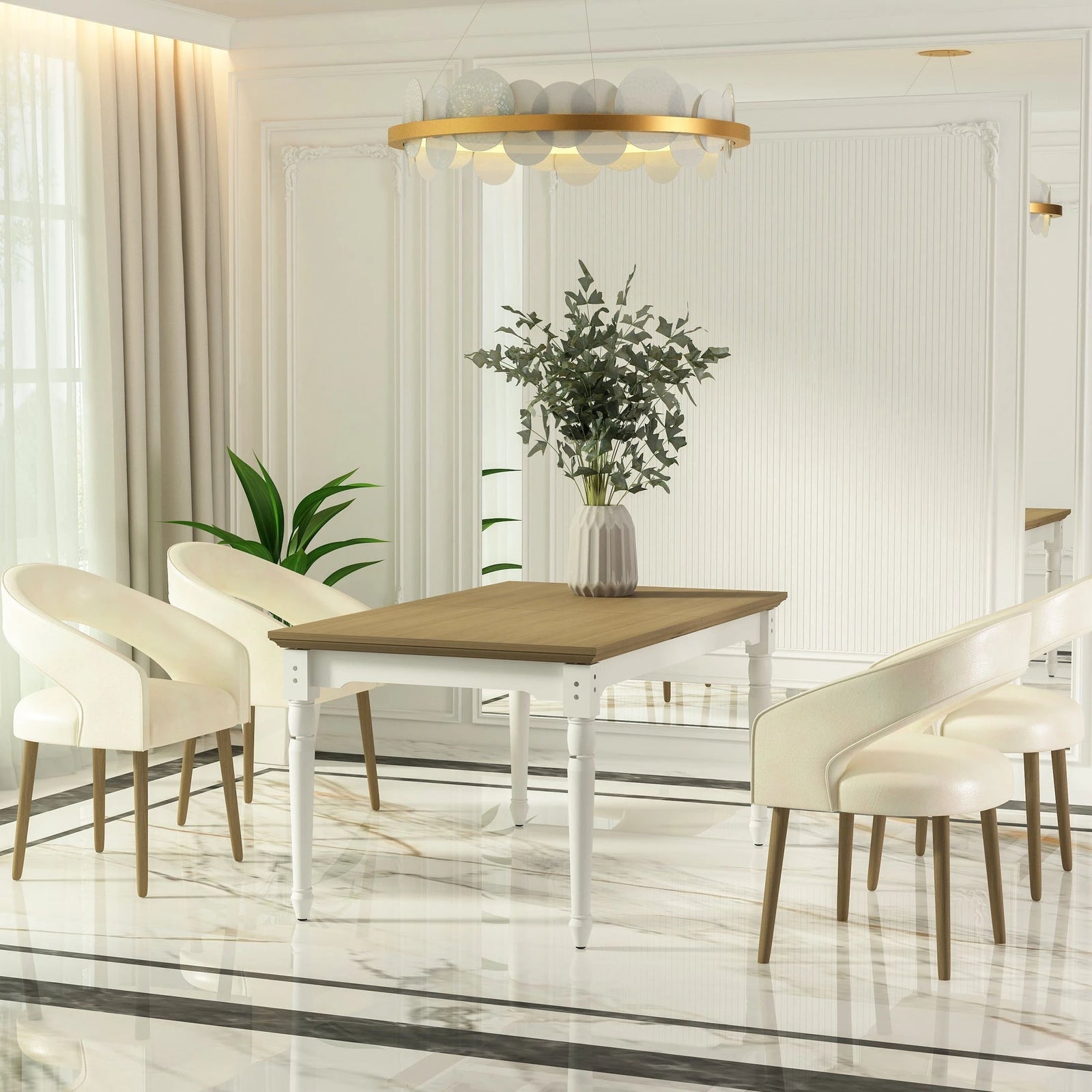 Dining room with a wooden table and white chairs in a modern interior setting.