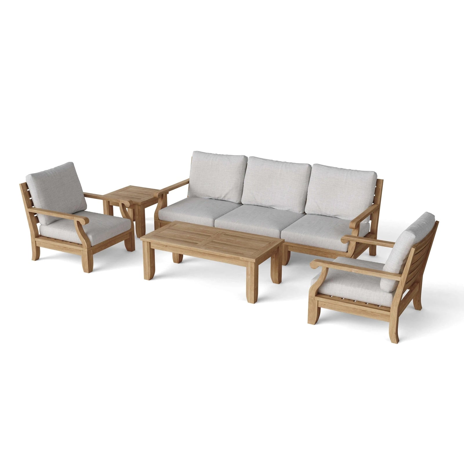 Outdoor furniture set with wooden frames and light gray cushions on a white background