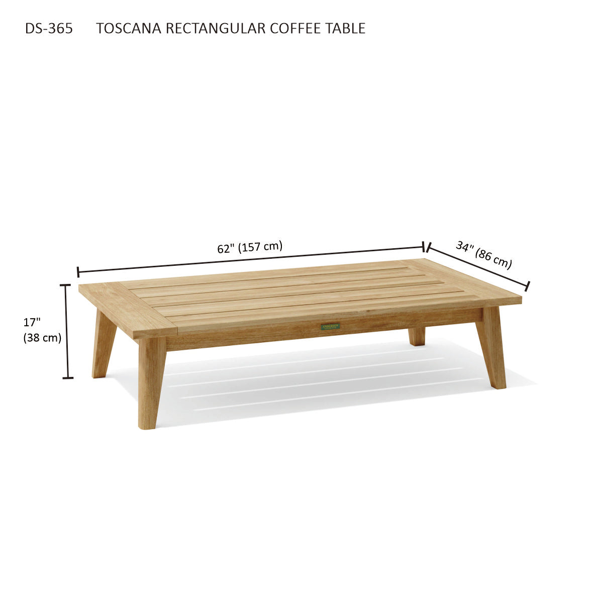 Toscana Rectangular Coffee Table with dimensions on a white background