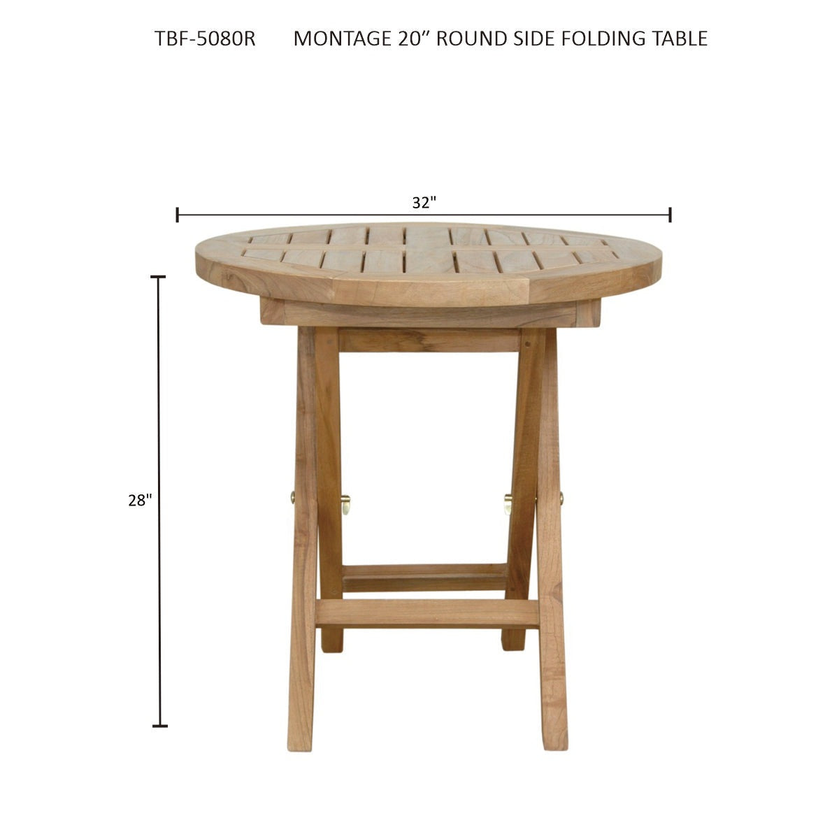 Round side folding table with dimensions on a white background