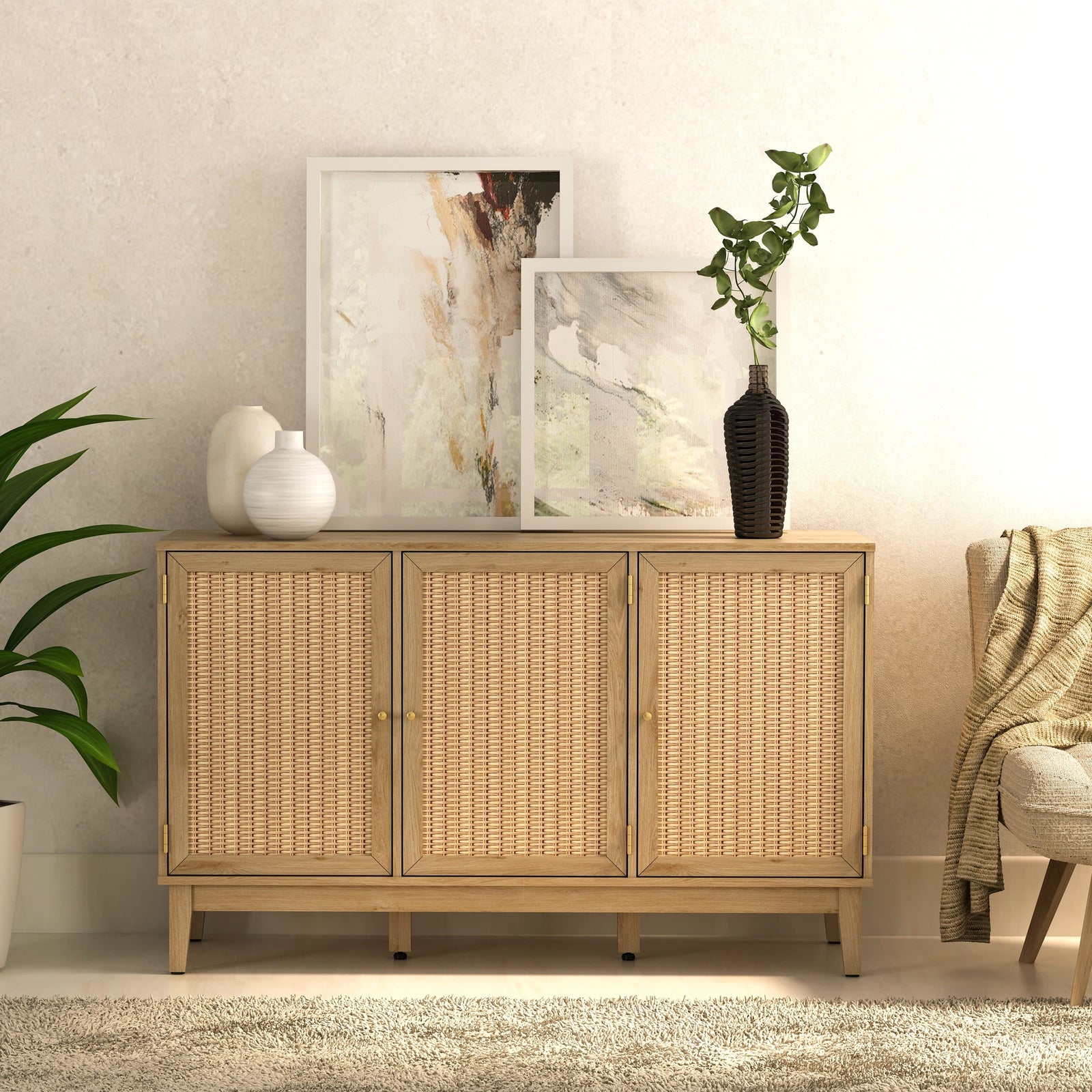 Wicker cabinet with decorative items in a room setting