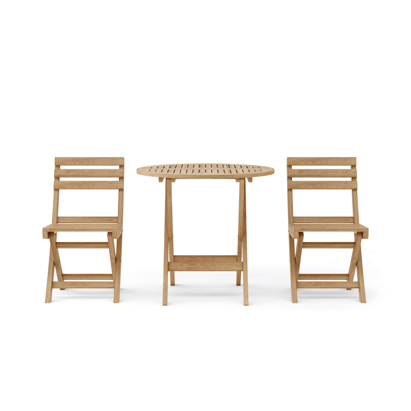 Wooden outdoor table with two matching chairs on a white background