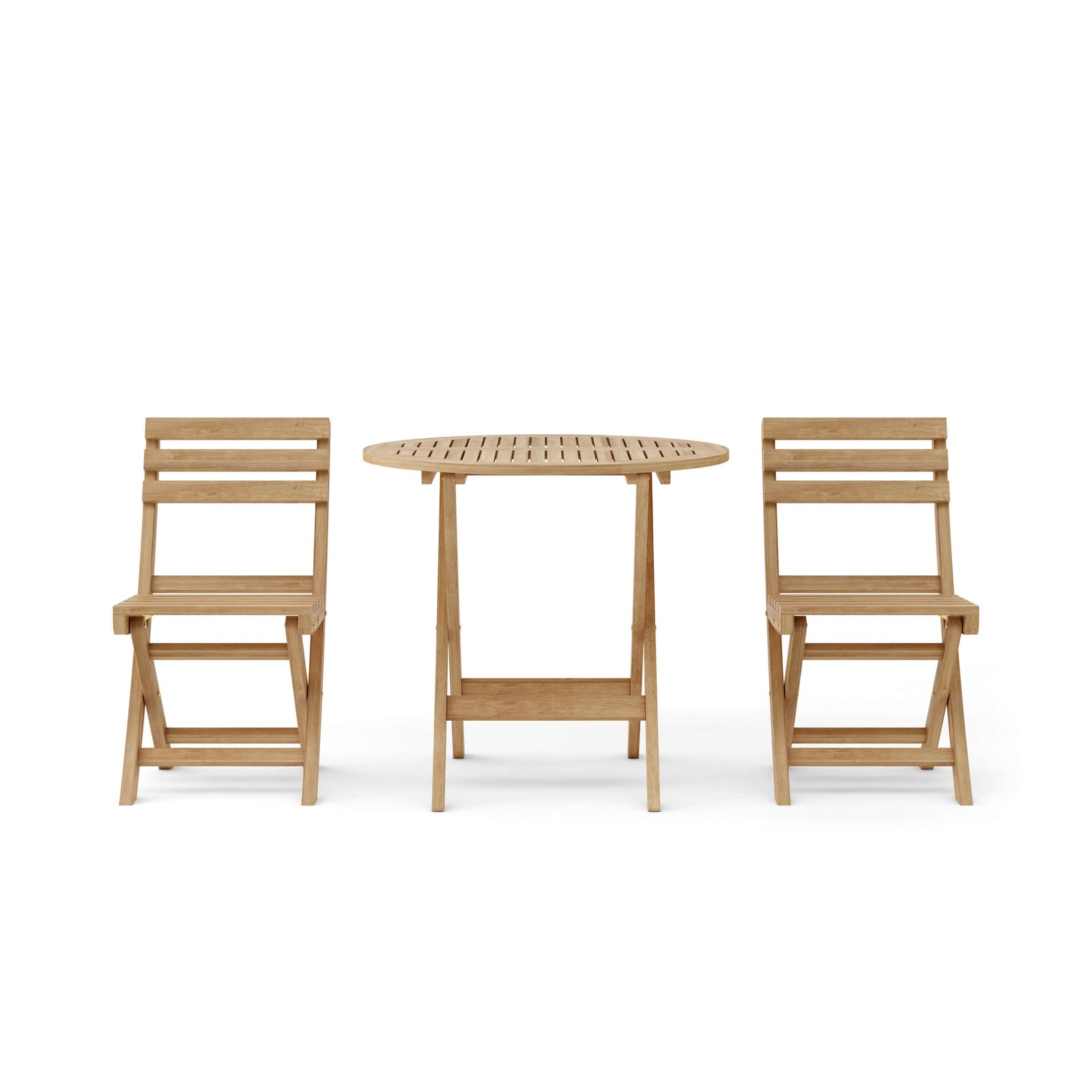 Wooden outdoor table with two matching chairs on a white background