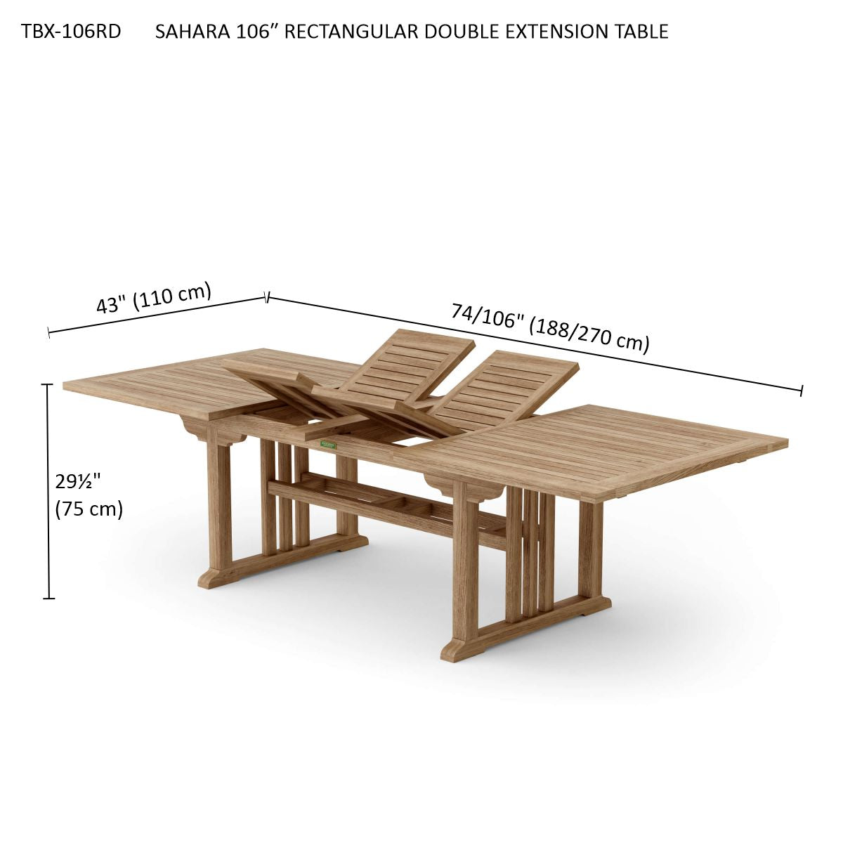 Wooden rectangular double extension table with dimensions on a white background