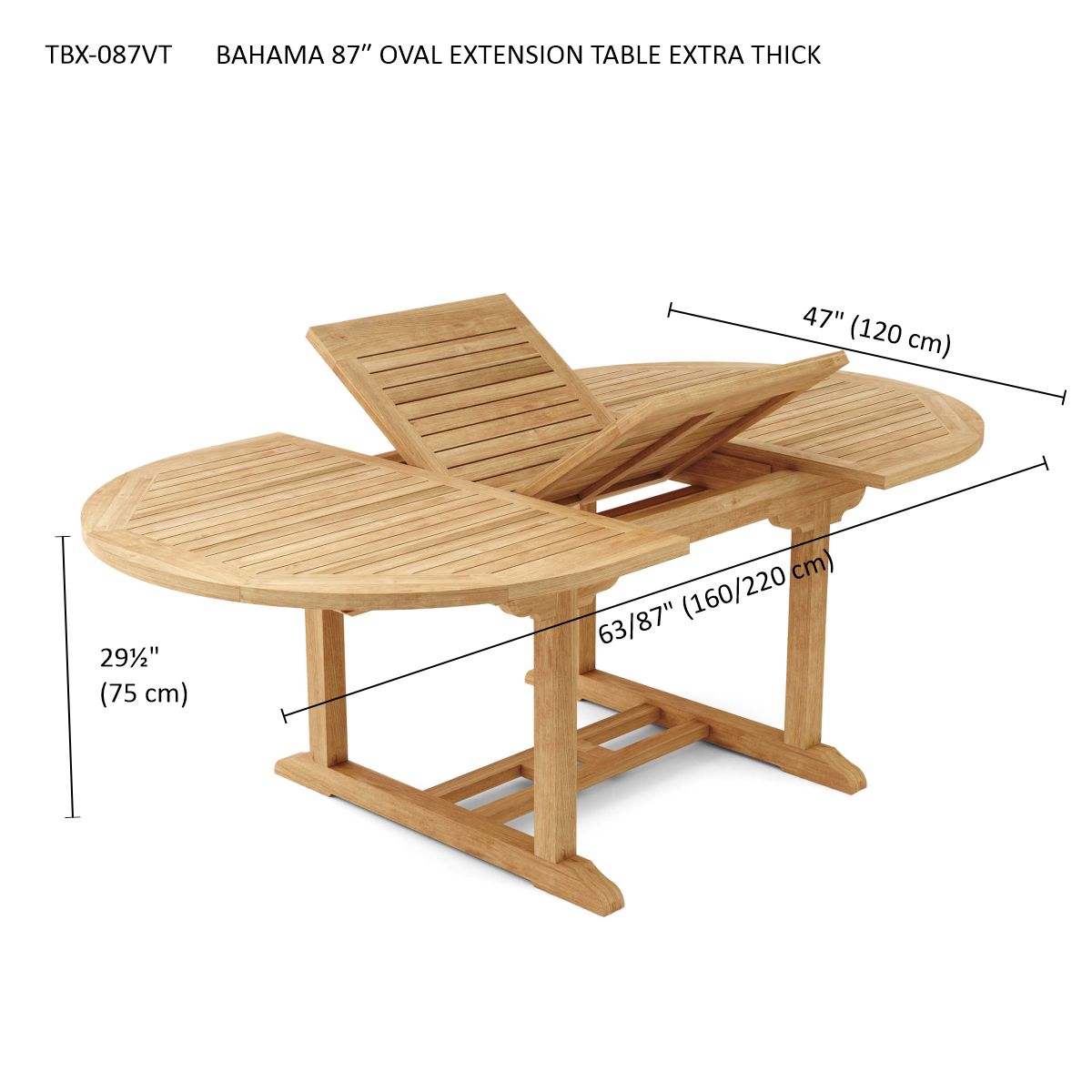 Wooden oval extension table with dimensions on a white background