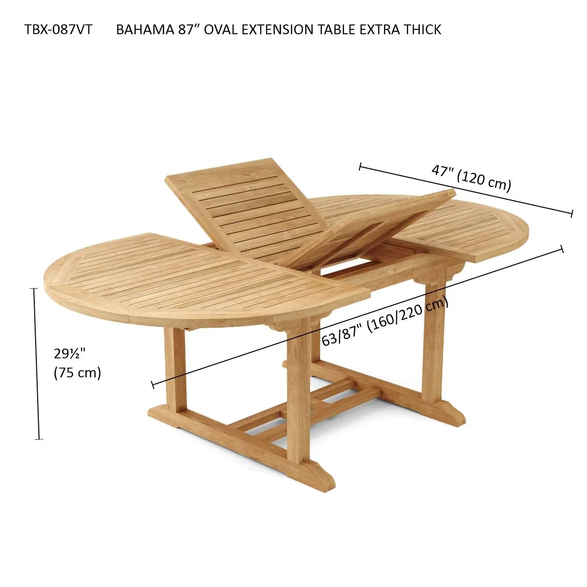 Wooden oval extension table with dimensions on a white background