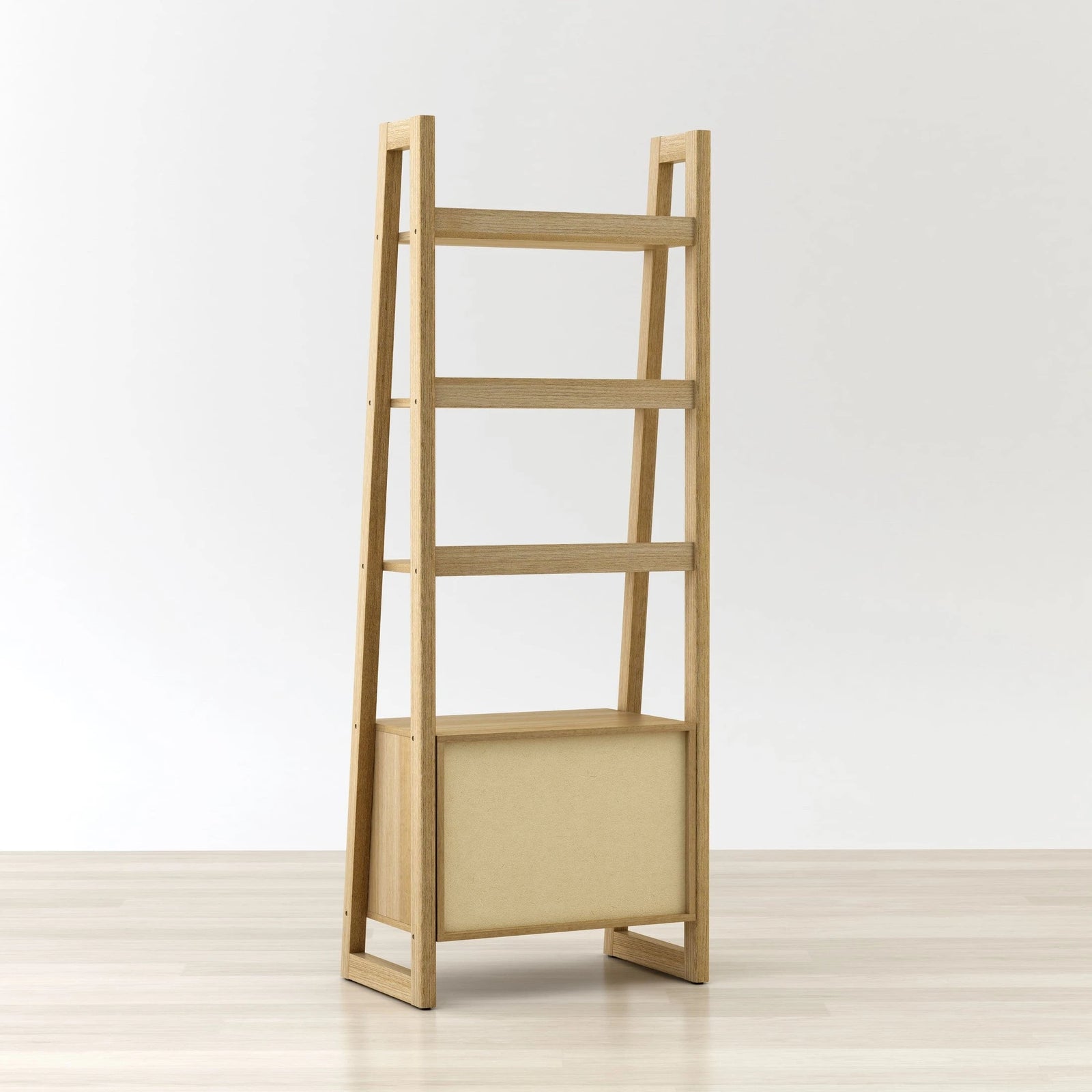 Wooden ladder shelf with a beige panel on a white background