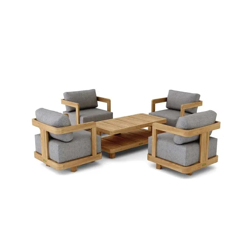 Outdoor furniture set with wooden frames and gray cushions on a white background