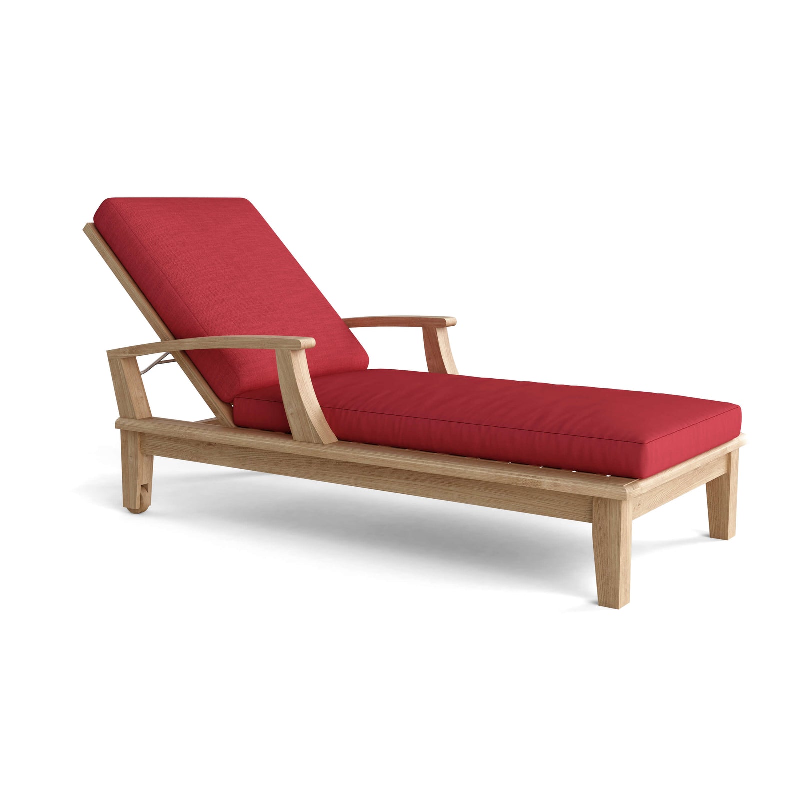 Wooden lounge chair with red cushions on a white background