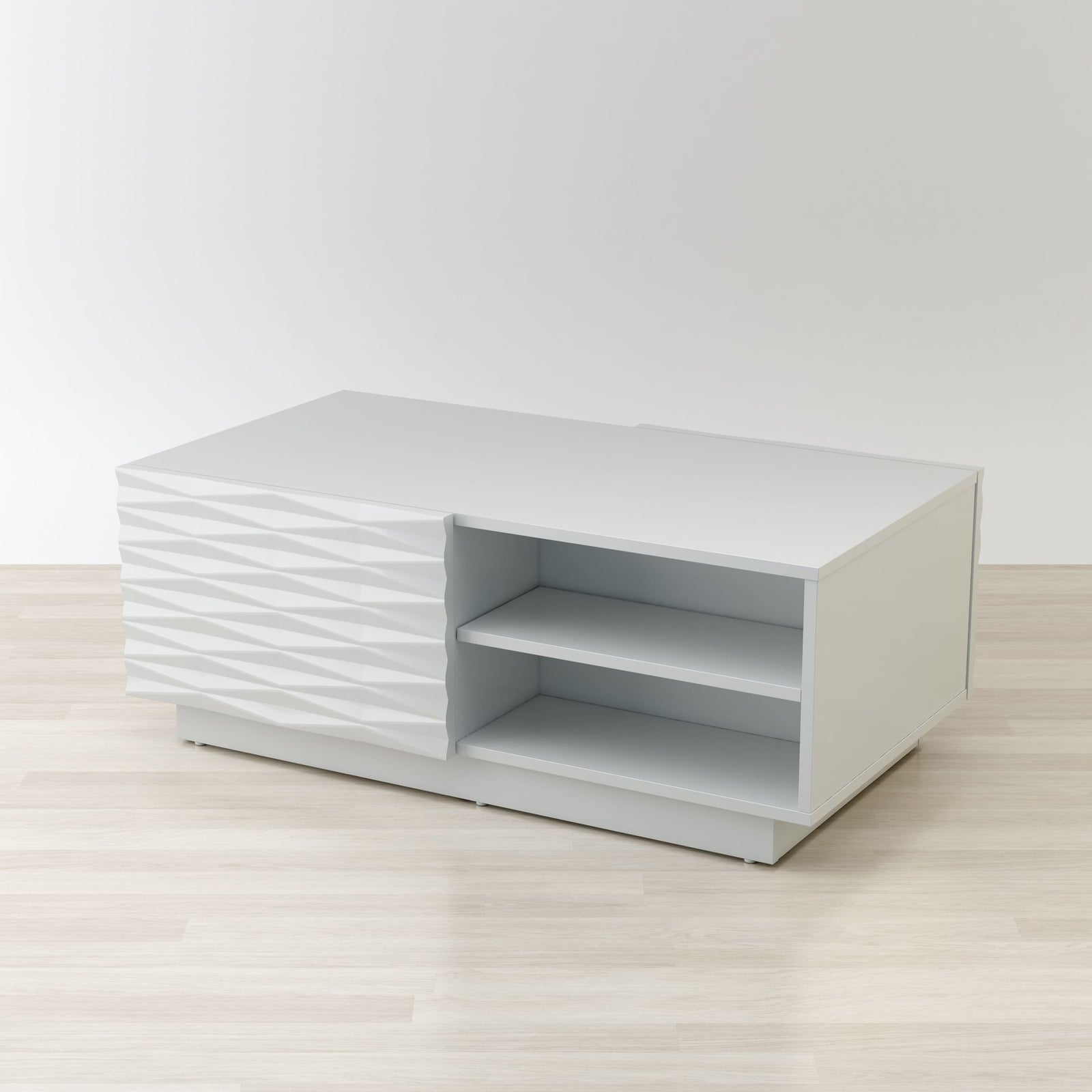 White textured side table with shelves on a light wooden floor and white background