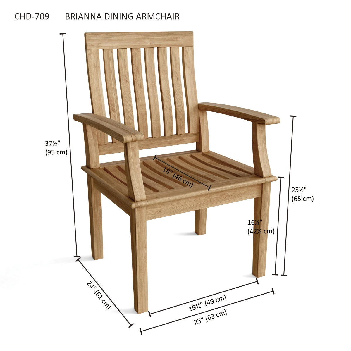 Wooden dining armchair with dimensions on a white background