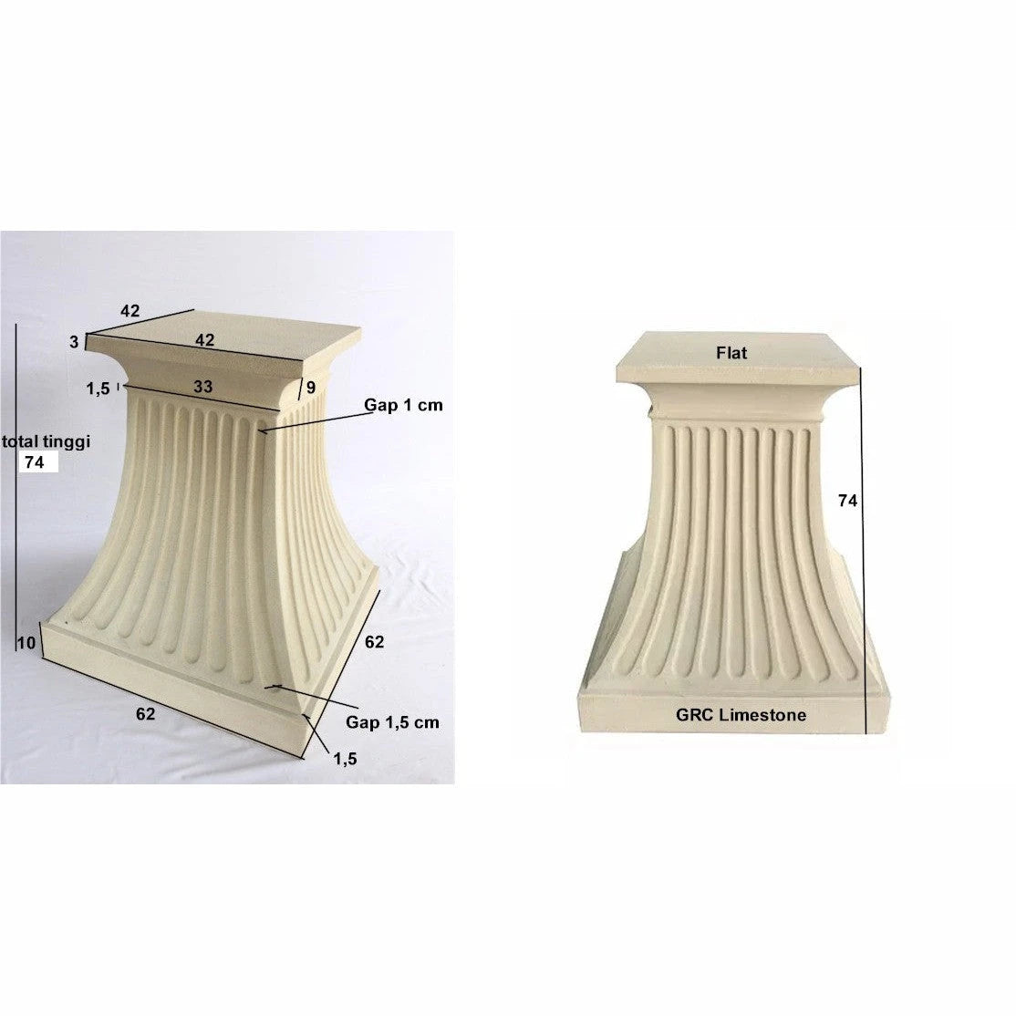 GRC limestone architectural element with measurements on a white background