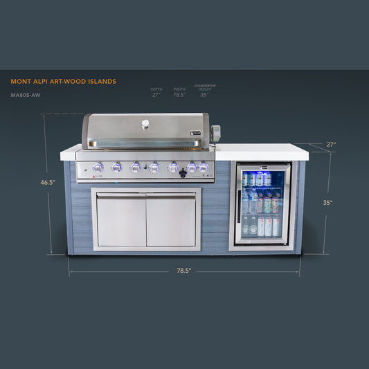 Mont Alpi MA805-AWSS artwood island dimensions diagram 78.5x27x46.5 stainless steel