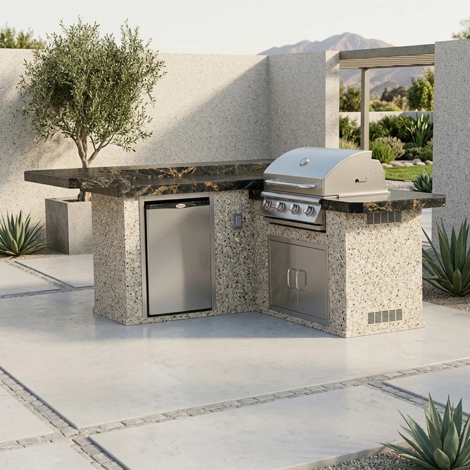 Bull Jr. Gourmet Q 8 Ft L-Shaped BBQ Island - Porcelain Basalt, Stucco Whites Ash finish